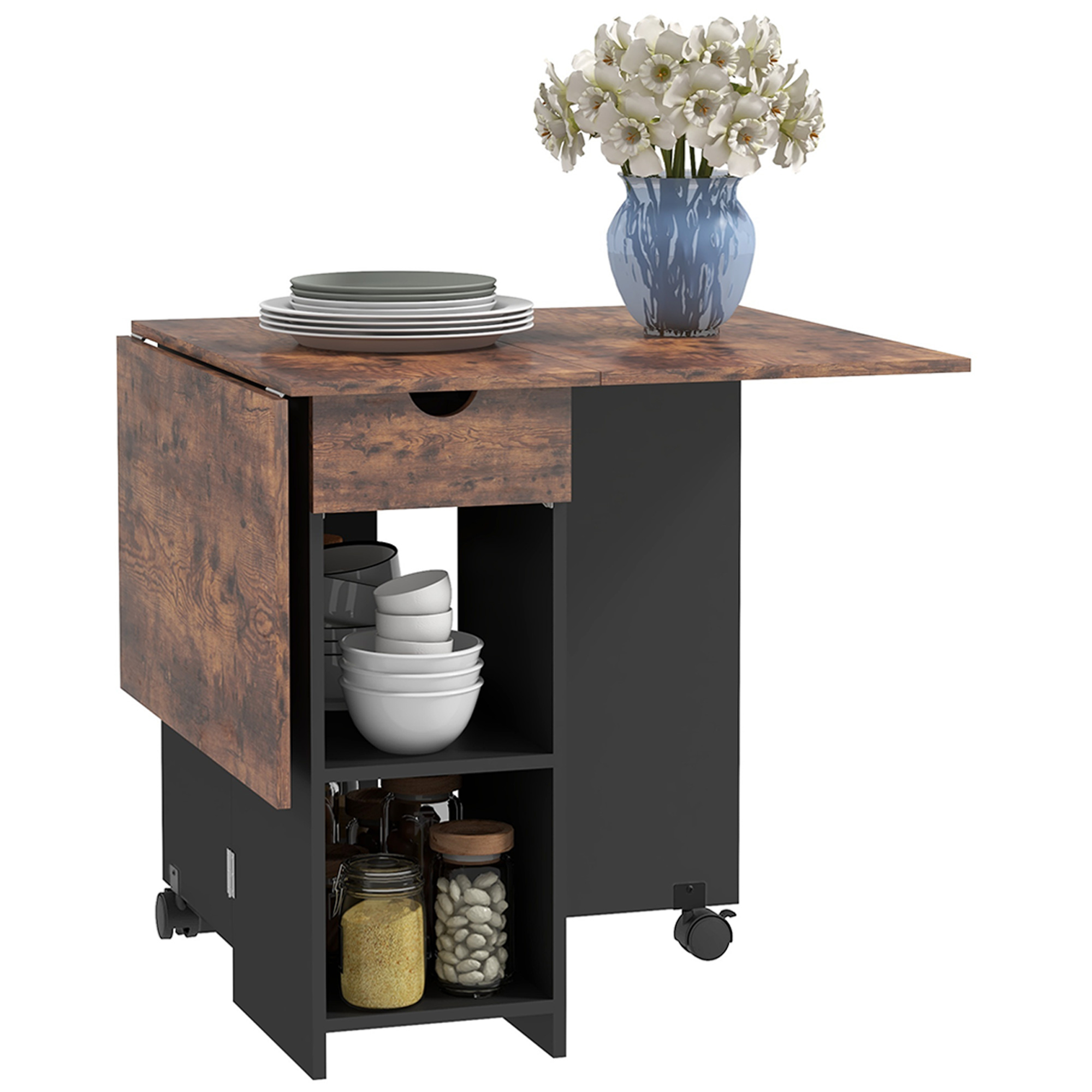 HERON Folding Dining Table, Drop Leaf Table for Small Spaces, Foldable Table with Drawer and Storage Shelves for Kitchen, Dining Room, Rustic Brown