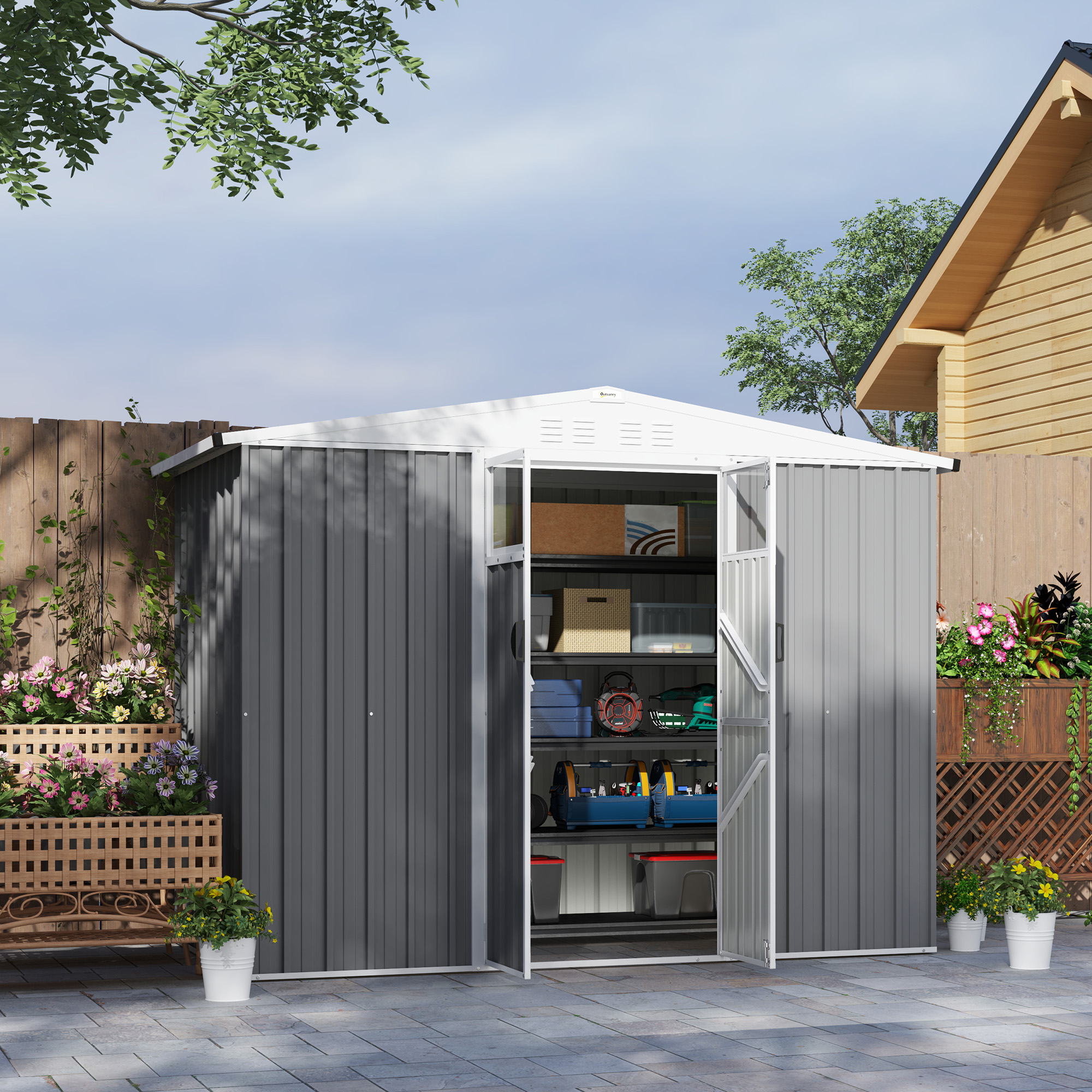 SUNVISTA 8x4ft Metal Garden Shed with Lockable Door, Window & 4 Vents, Waterproof Steel Storage Shed, Light Grey