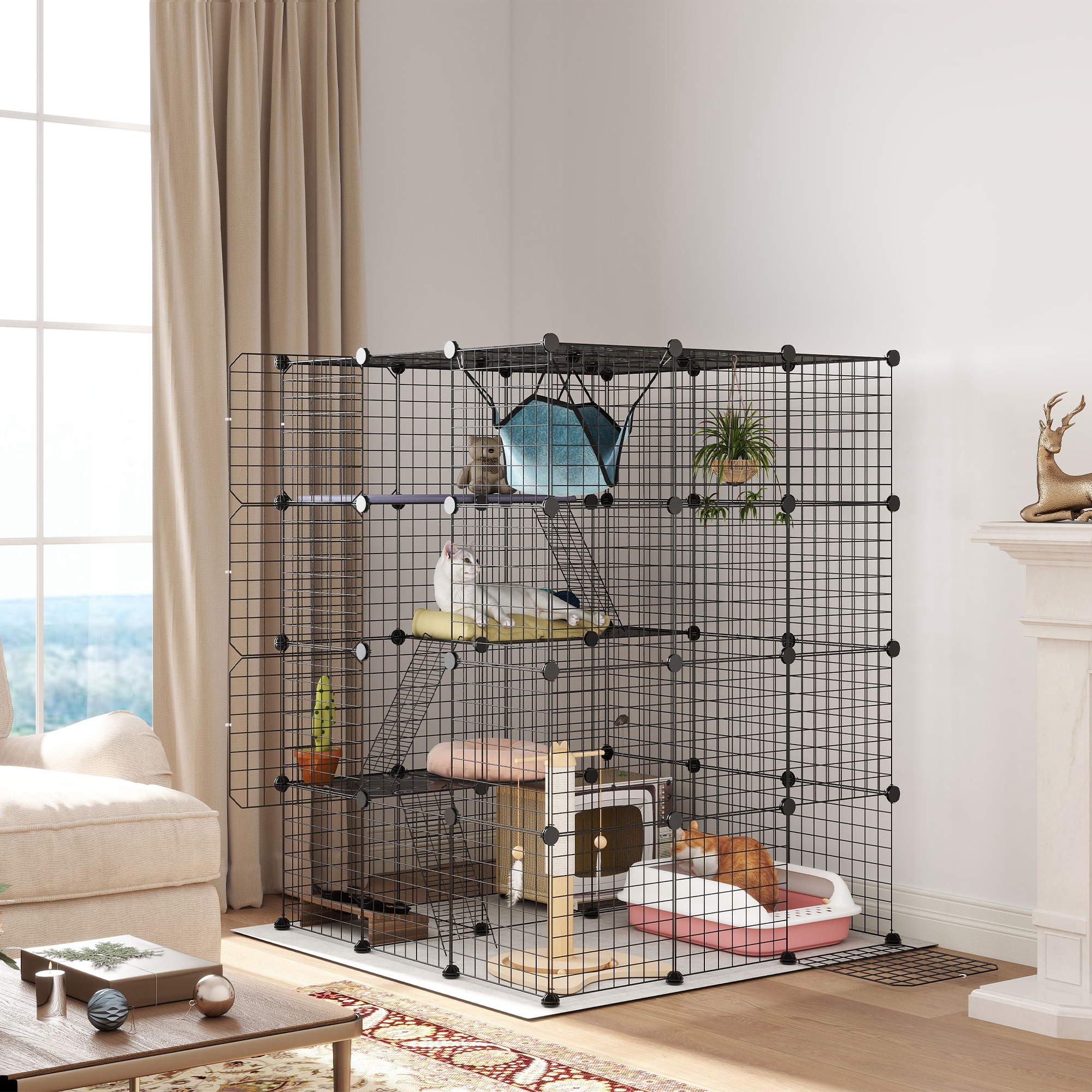 PAWSTER Steel Wire Cat Cage Indoor with Hammock, Ramps, Doors, DIY Cat Enclosure for 1-3 Cats, Black