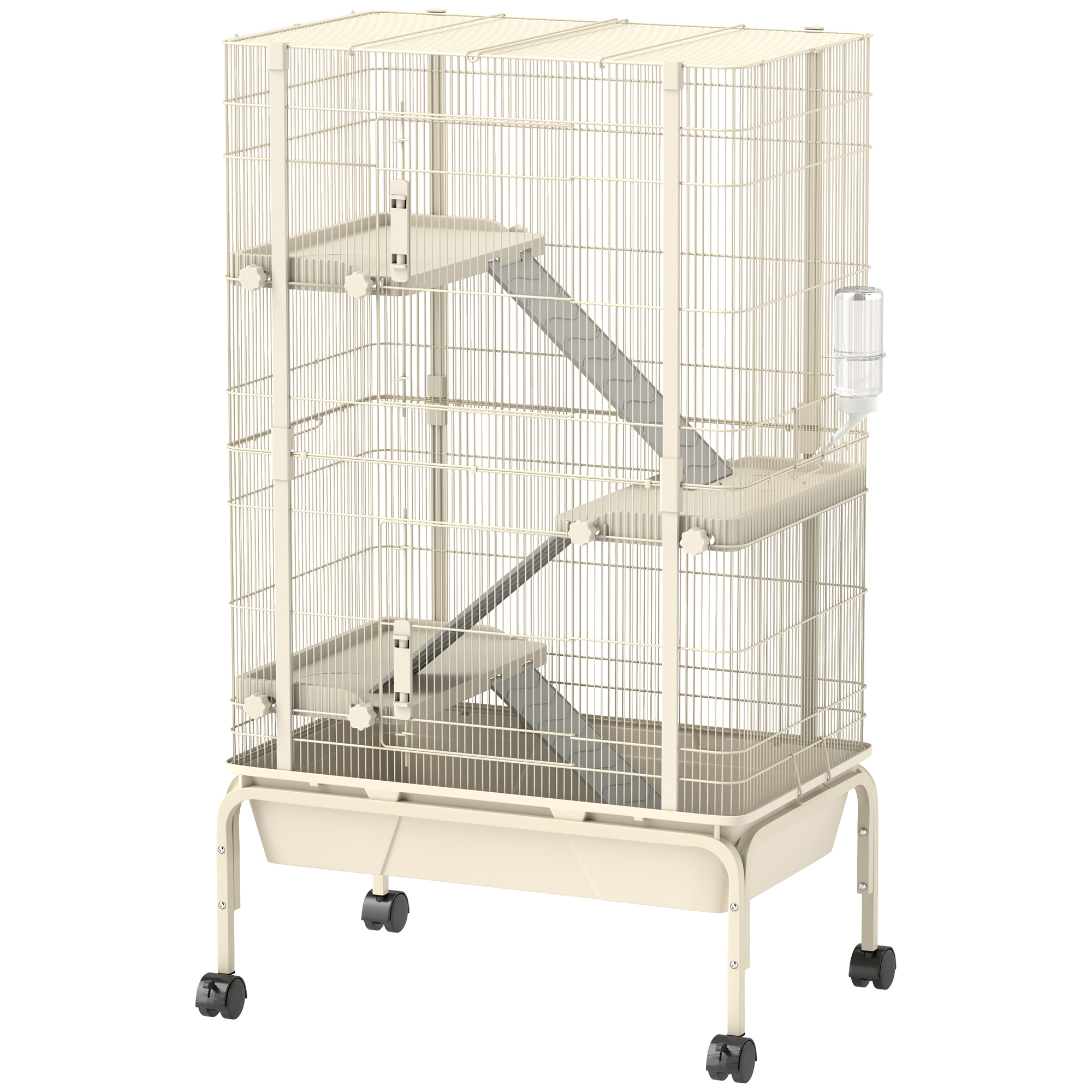 PAWSTER 4 Levels Rolling Small Animal Cage, Rabbit Cage with 3 Ramps, Water Bottle, Food Dish, 15cm Deep Tray, Beige