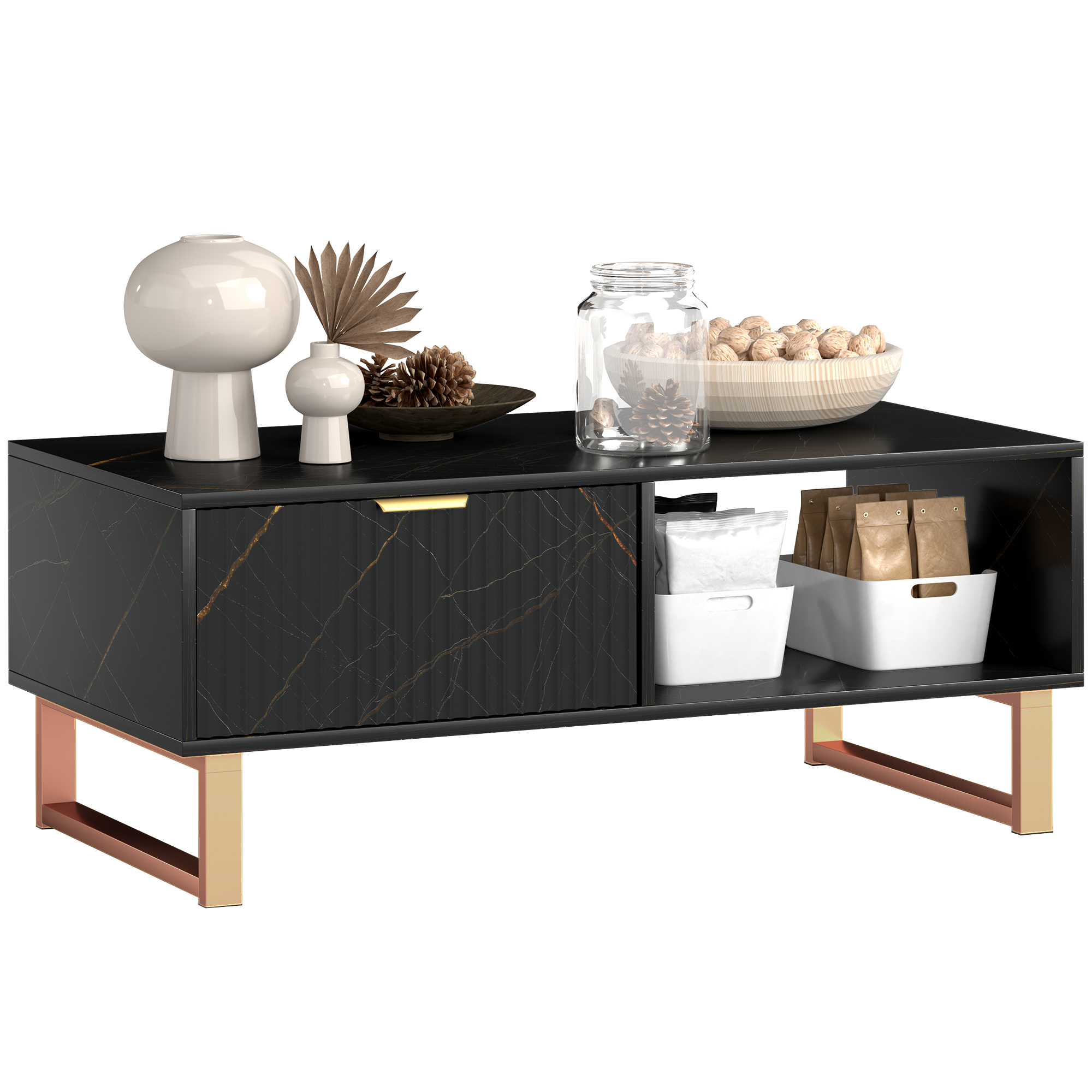 HERON Elegant Marble Effect Storage Coffee Table - Black