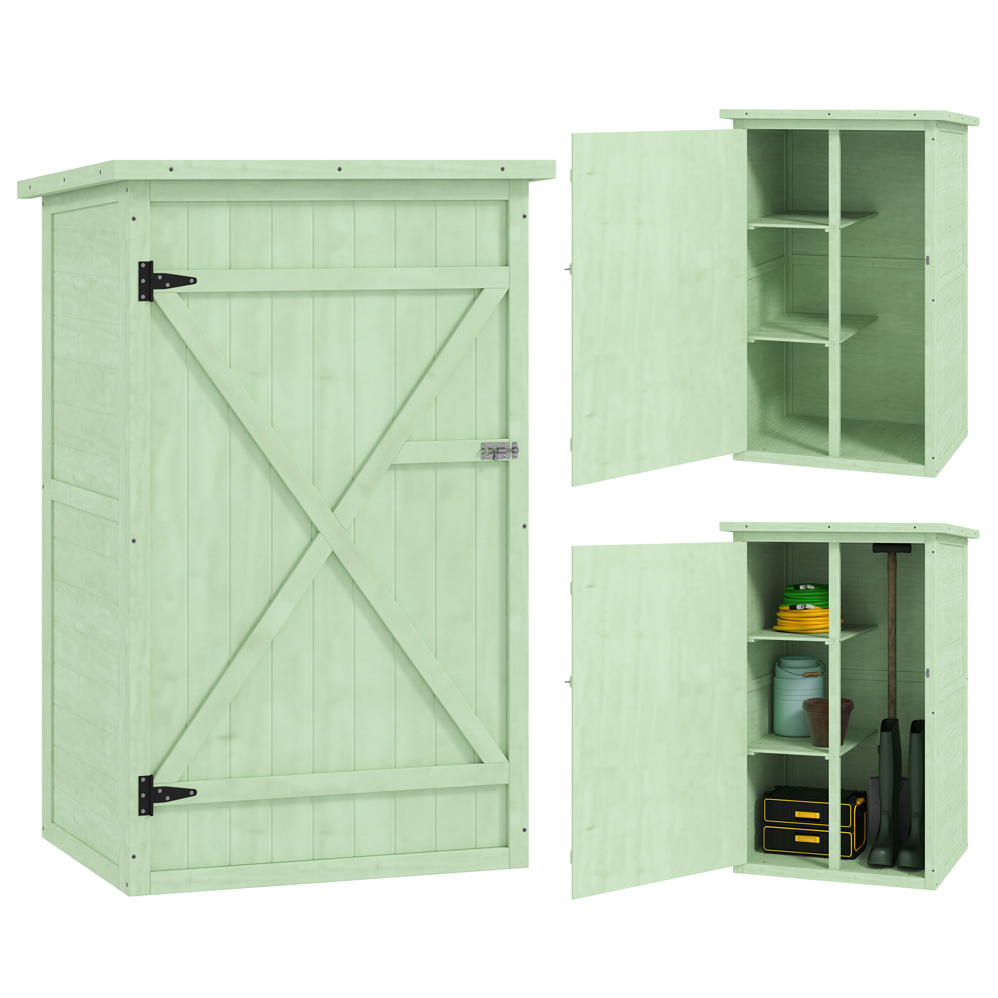 SUNVISTA Wooden Small Shed, Garden Storage Shed with Shelves and Bolt Latch, 75L x 56W x115H cm, Green