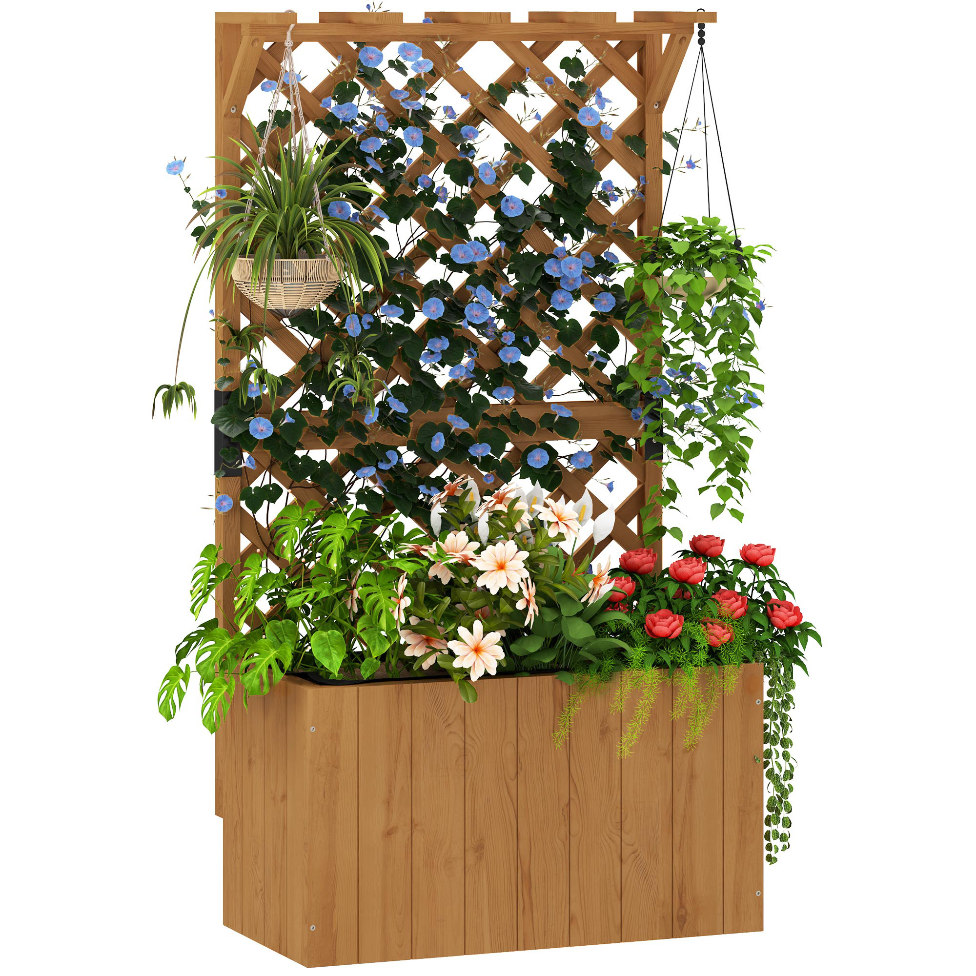 SUNVISTA Wooden Planter with Trellis, Raised Bed with Drainage, Natural Finish