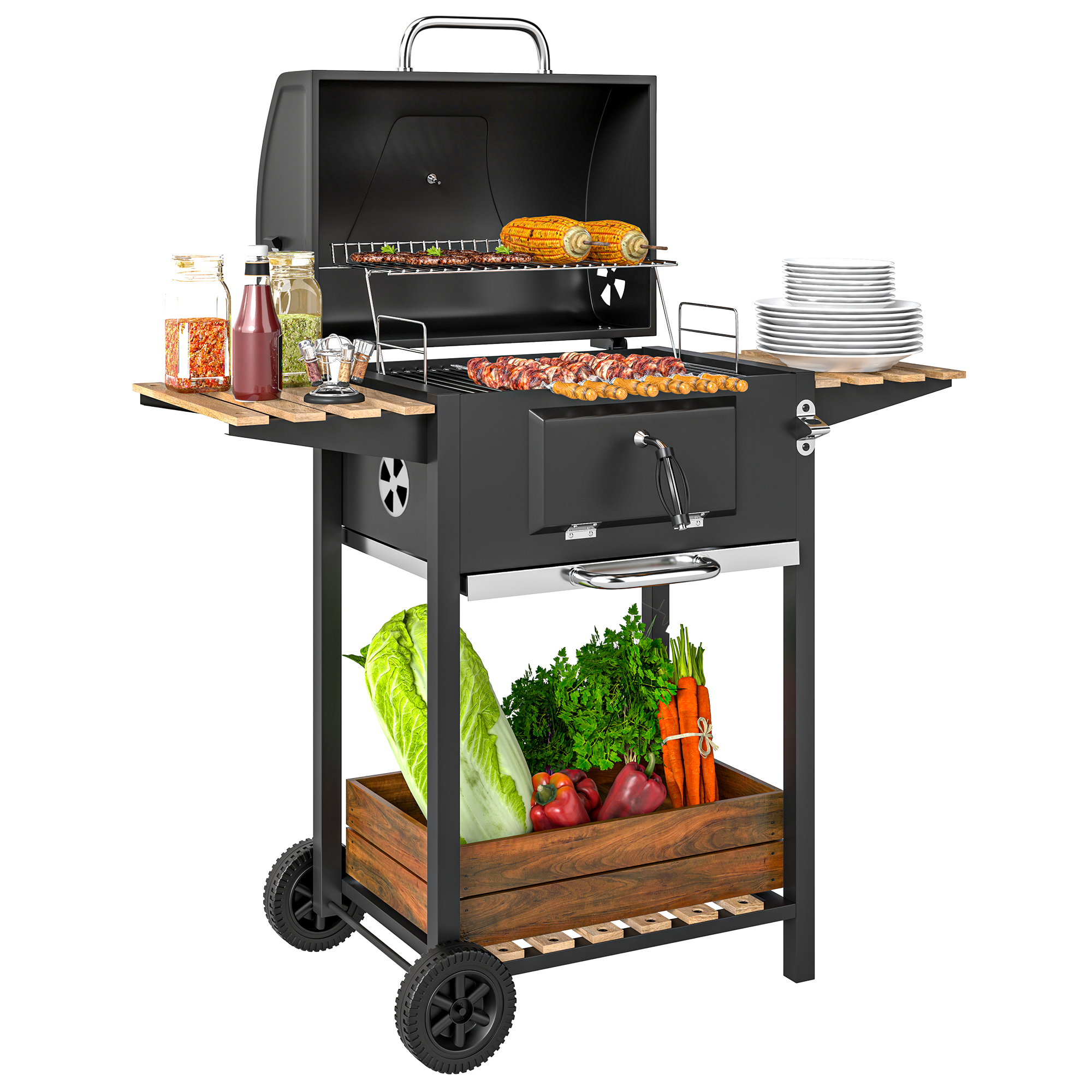 SUNVISTA Charcoal BBQ Grill with Adjustable Pan, Smoker, Shelves, Wheels, Temp Gauge & Bottle Opener, Outdoor Barbecue