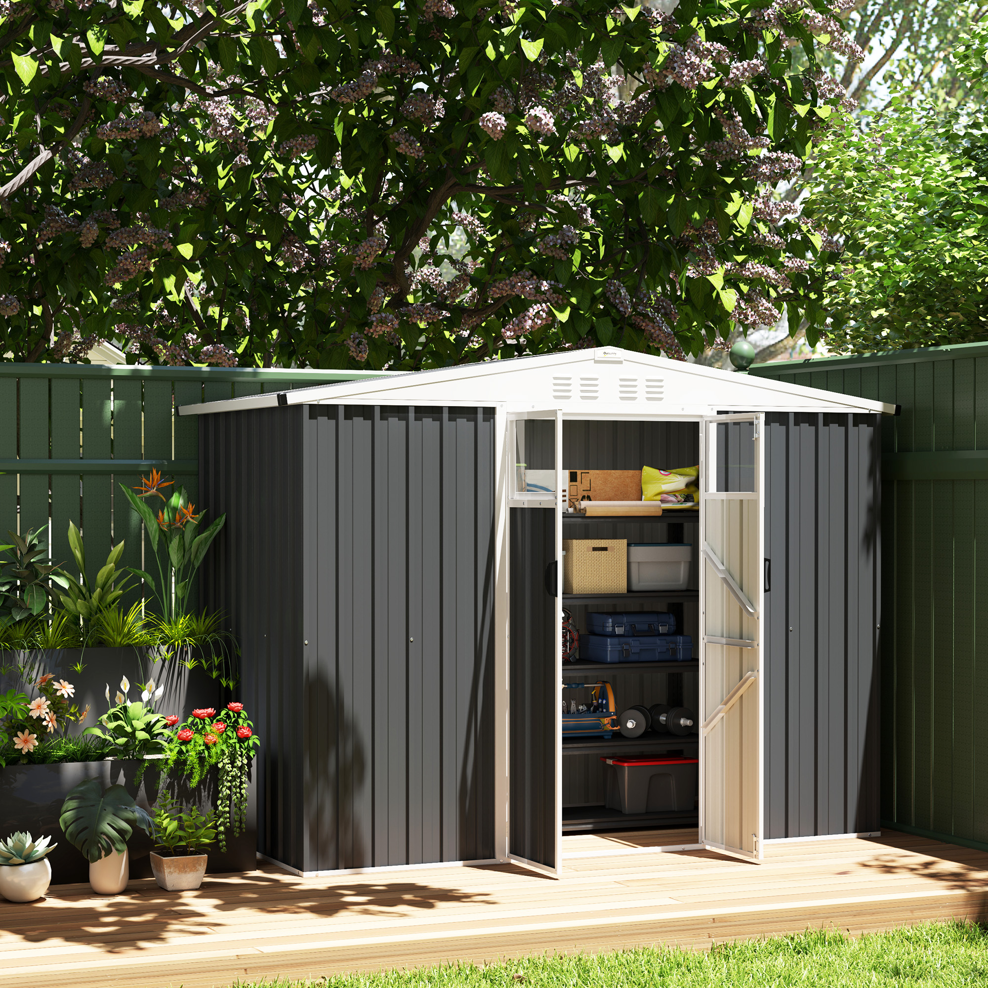 SUNVISTA 8x4ft Metal Garden Shed, Waterproof Galvanised Steel Tool Storage with Lockable Door, Window & Vents, Dark Grey