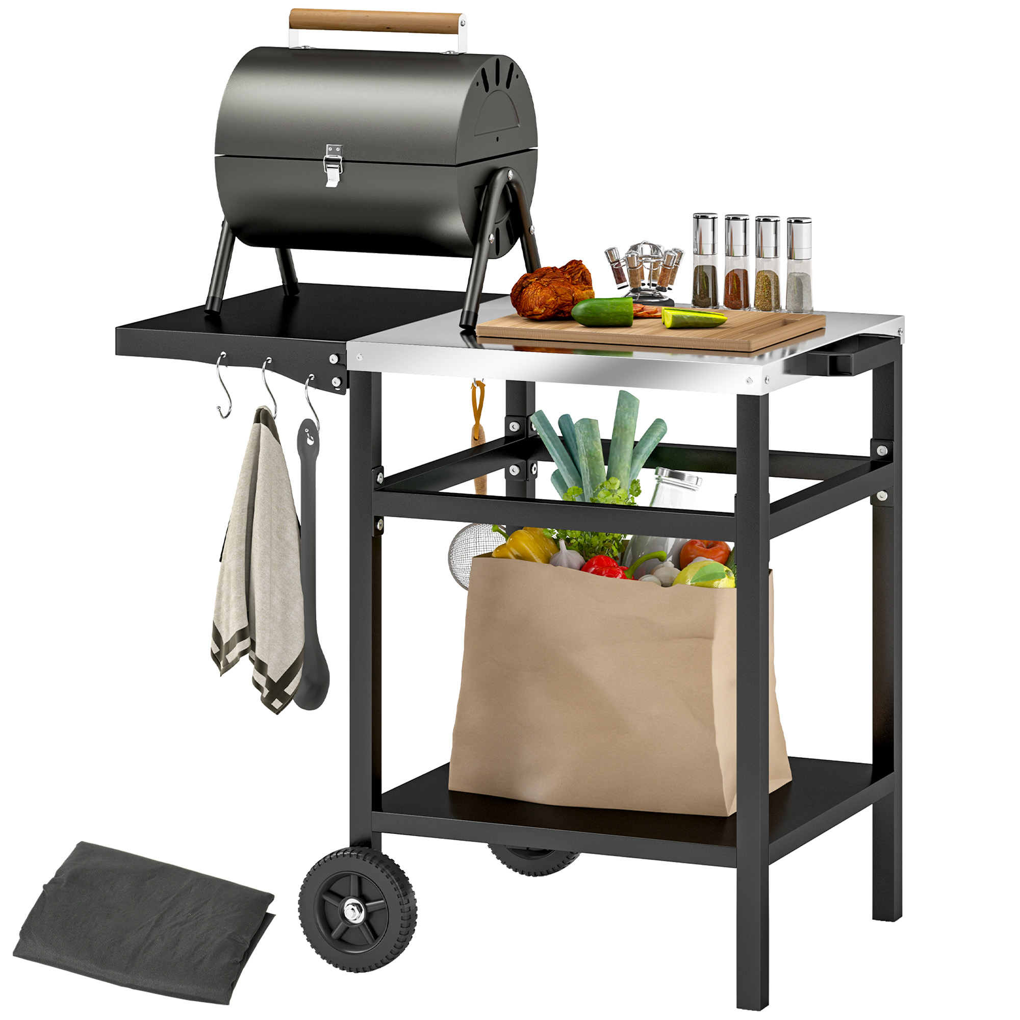SUNVISTA Outdoor BBQ Trolley with Stainless Steel Top, Foldable Side Table & Cover, Grill Cart, Black