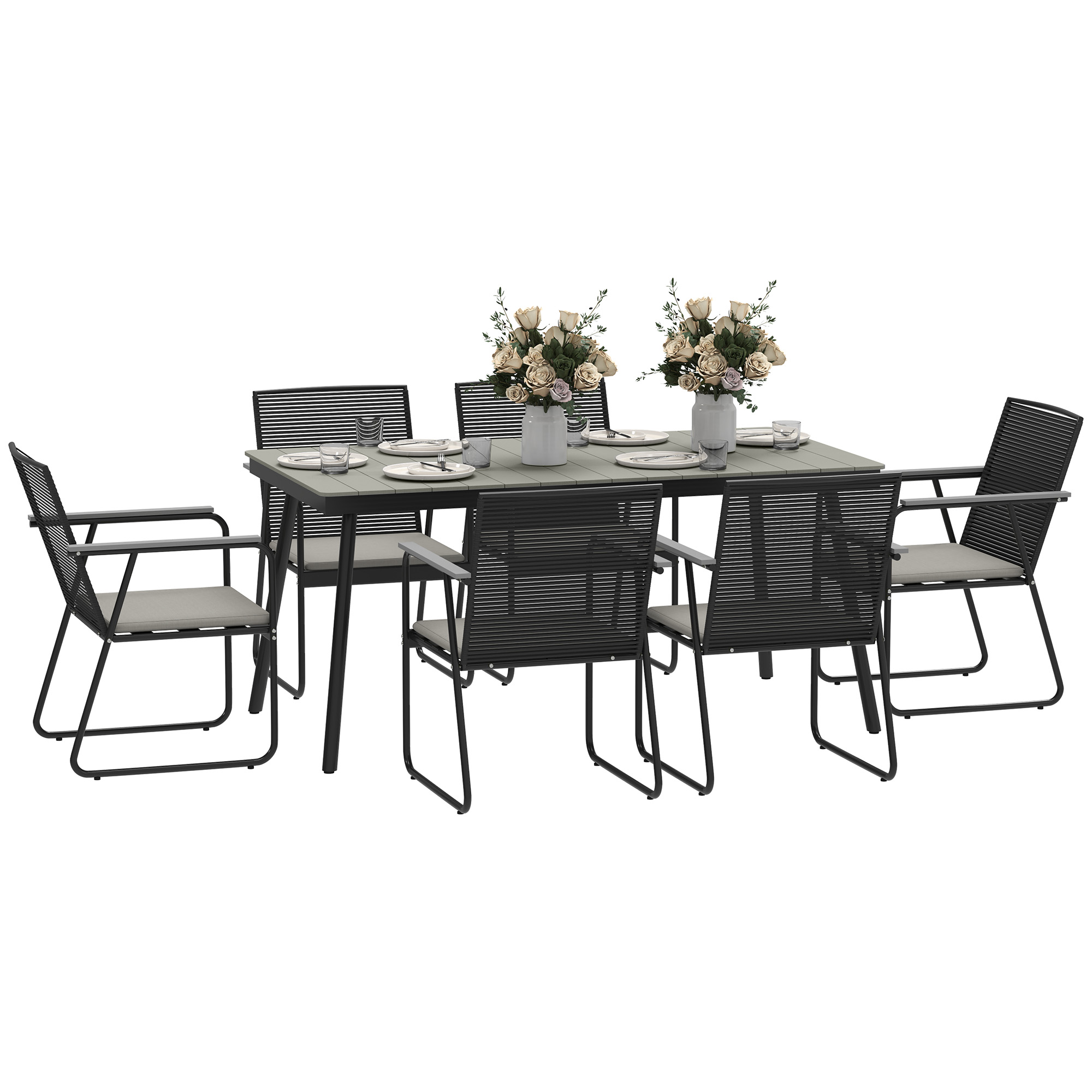 SUNVISTA 6-Seater Garden Dining Set, Rattan Backrest with Cushions, Plastic Top Table, Outdoor Patio Furniture, Grey