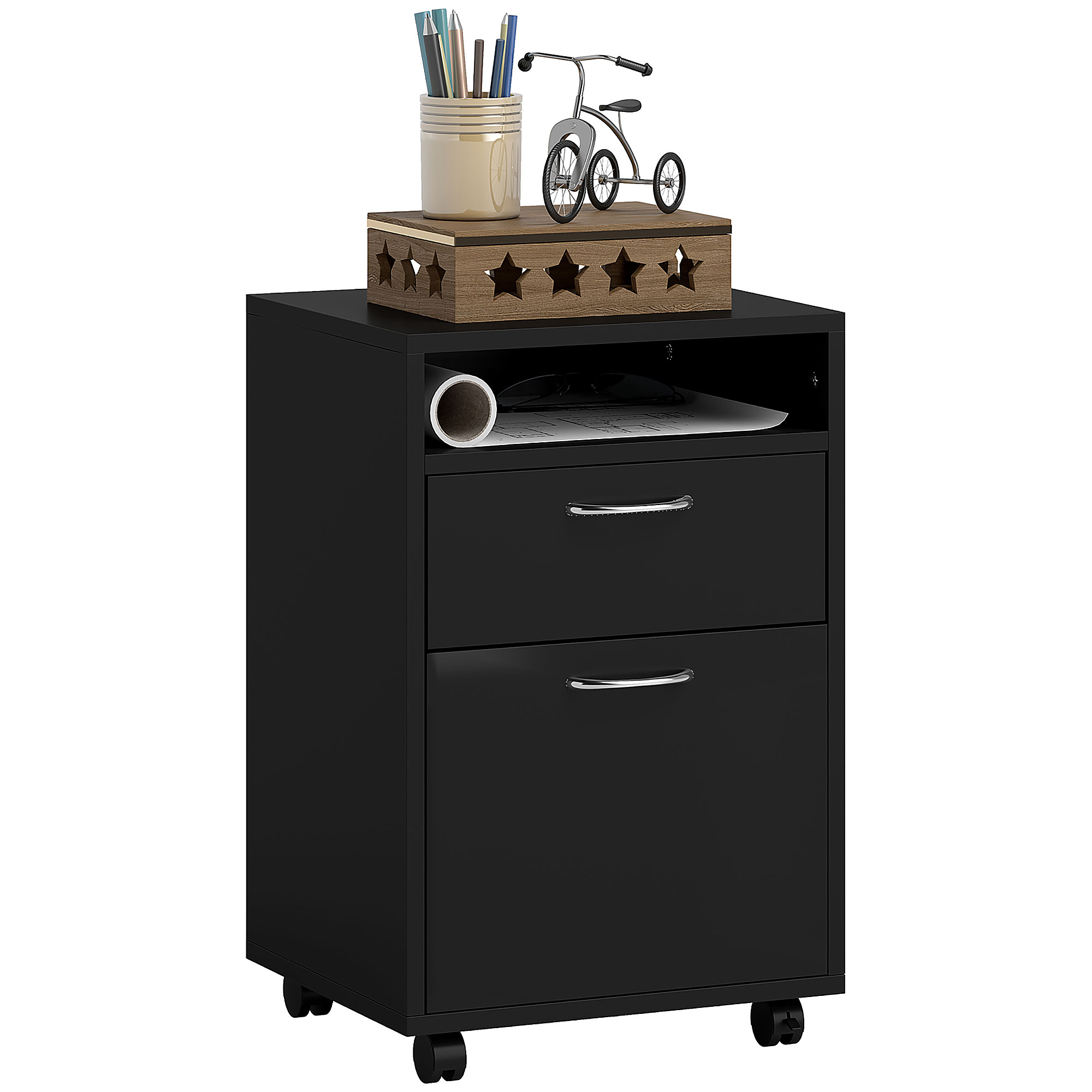 60cm Storage Cabinet w/ Drawer Open Shelf Metal Handles 4 Wheels Office Home Organiser Mobile Printer Black