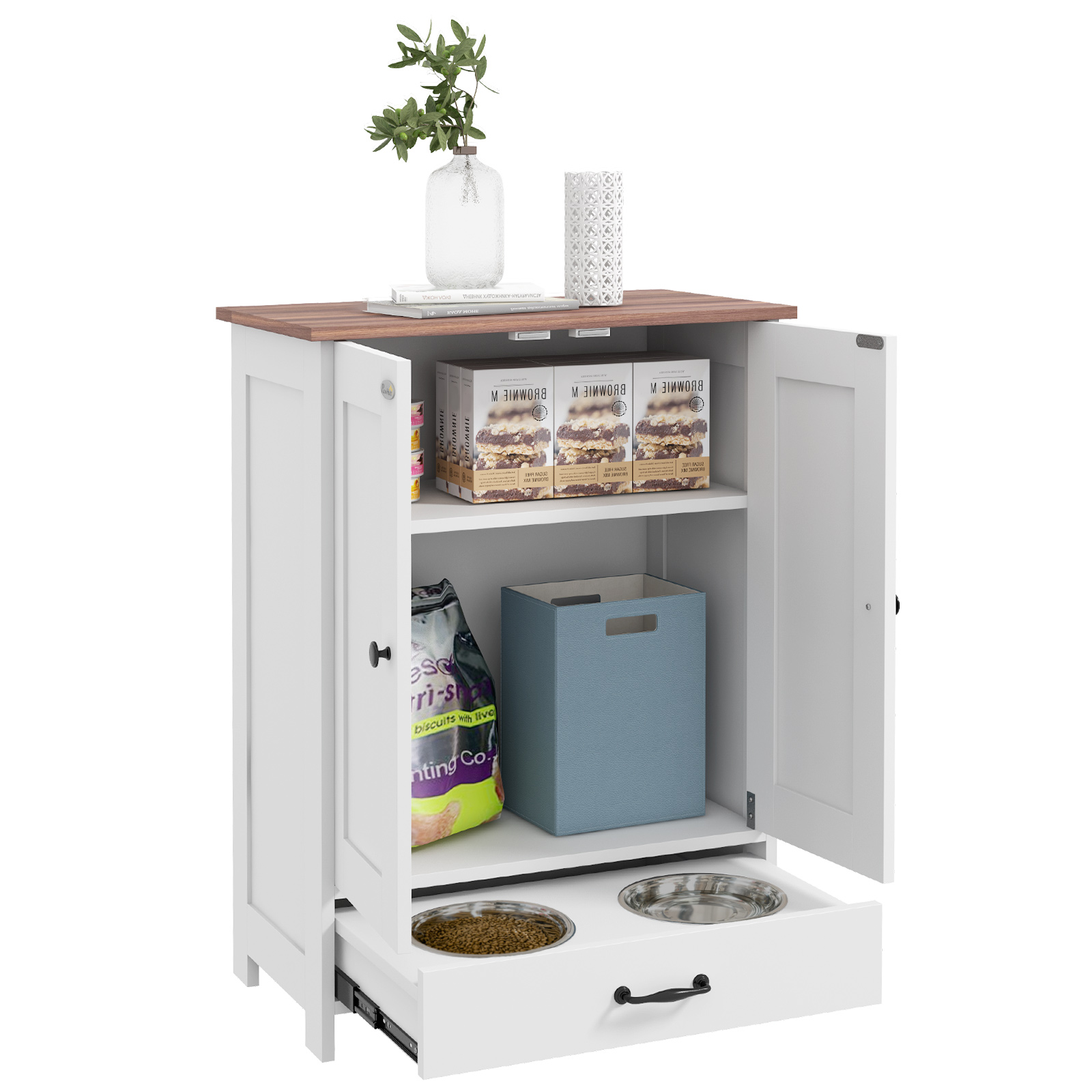 PAWSTER Pet Feeding Station with Raised Dog Bowls, Adjustable Panel, Hooks, Dog Food Storage Cabinet, White