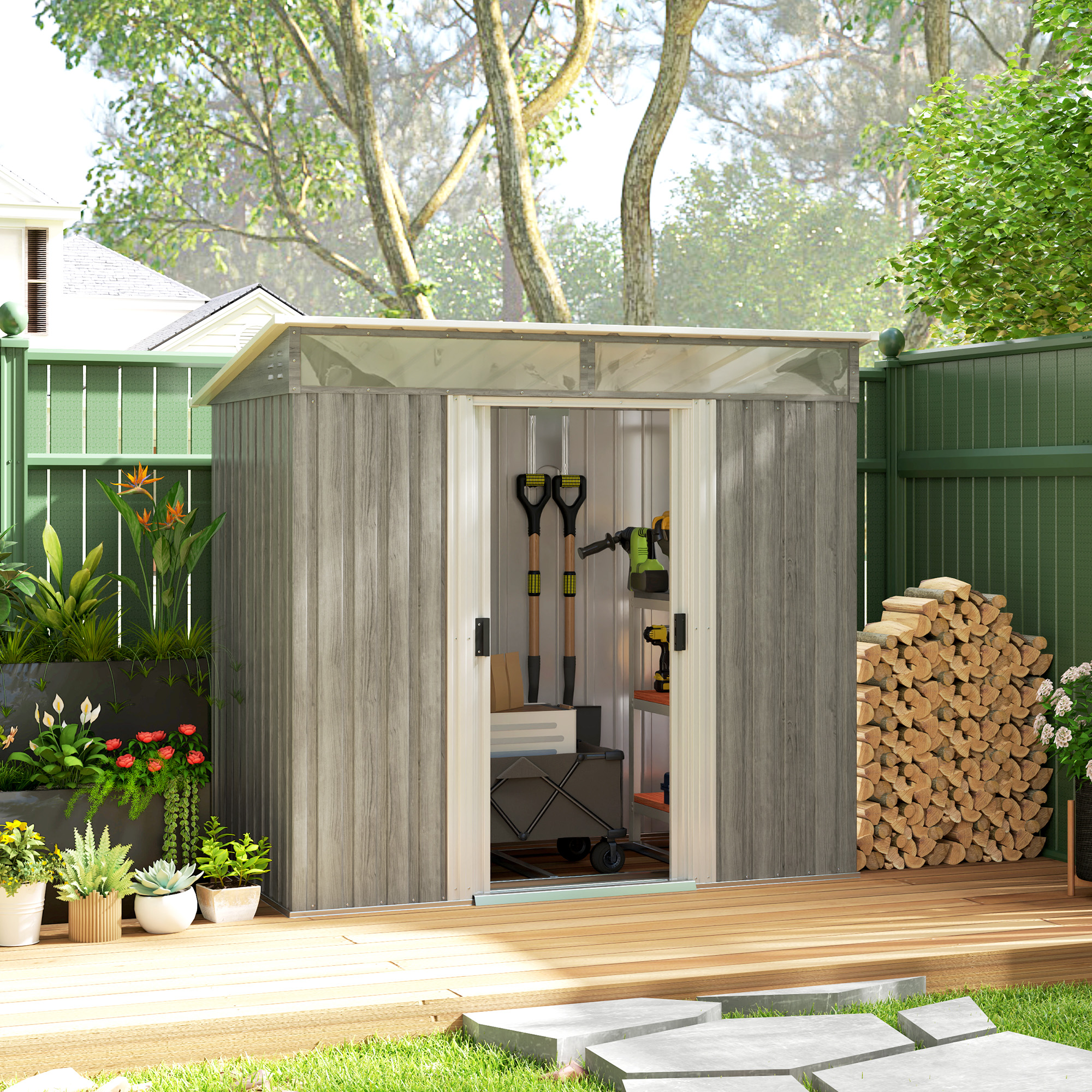 SUNVISTA 6.5 x 4FT Galvanised Metal Shed with Foundation Kit, Lockable Tool Garden Shed with Double Sliding Doors, Vents, Light Grey Wood Effect