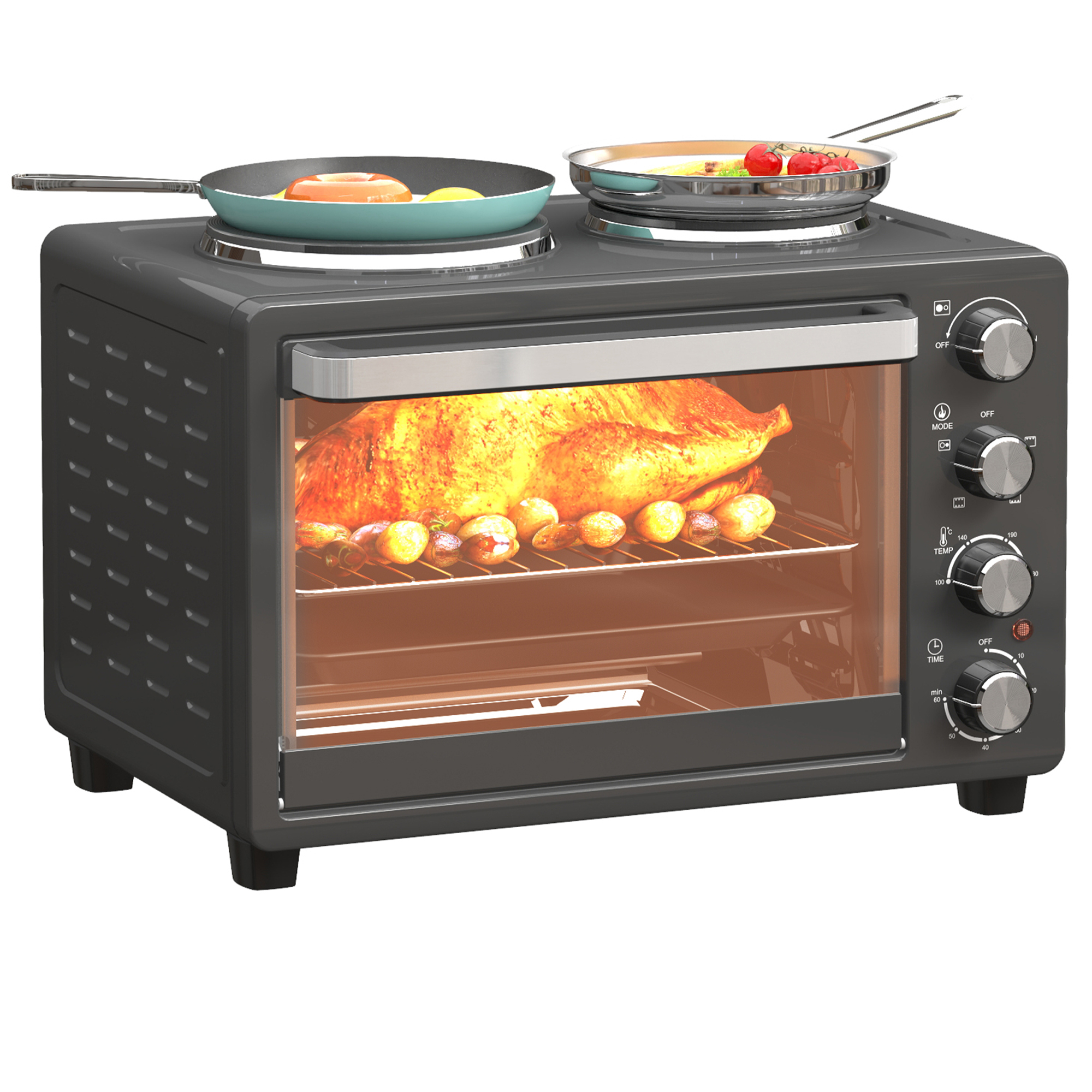HERON 28L Mini Oven with 2 Hot Plates, Countertop Toaster Oven, Grill, Roast, Bake, Boil, with Timer, Black