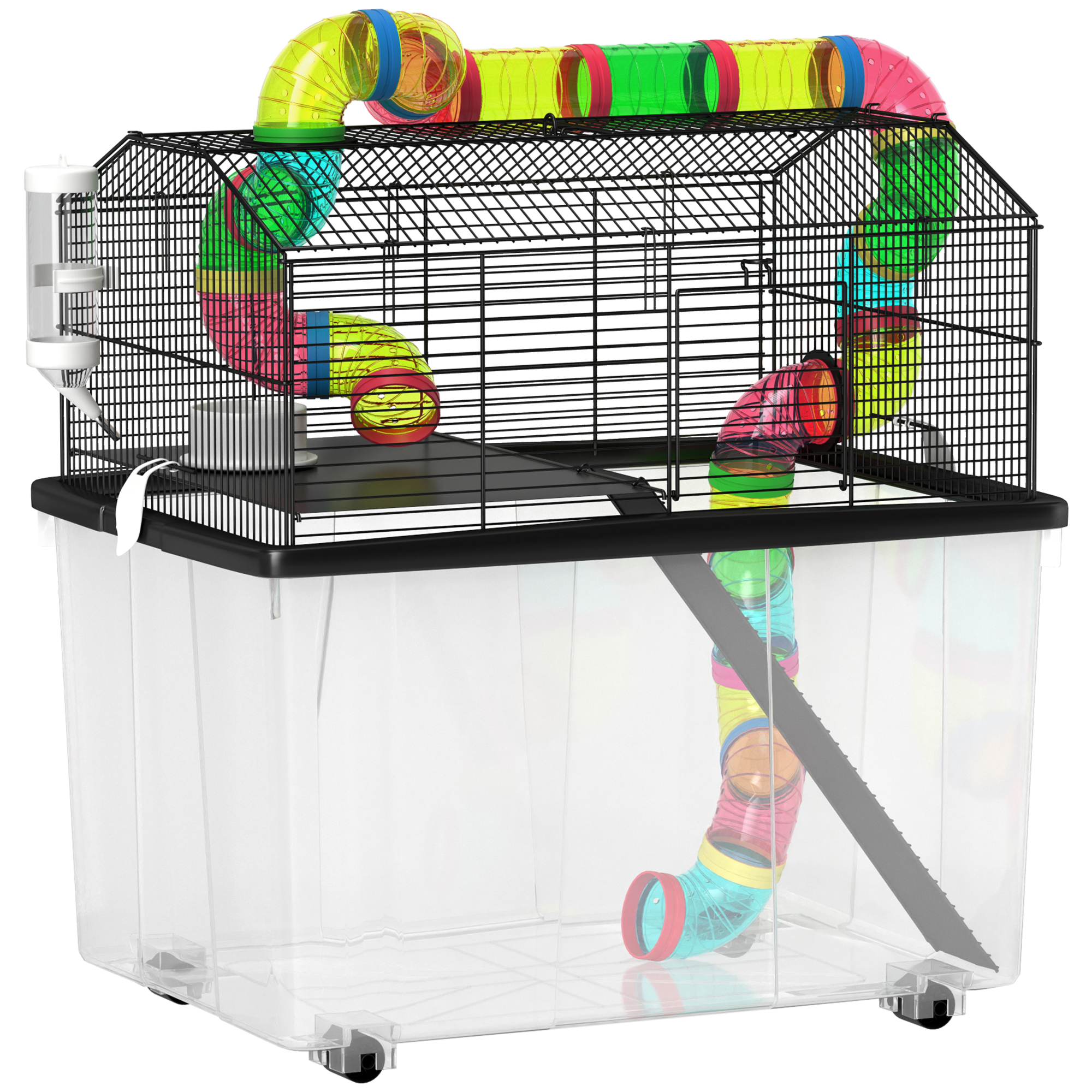 PAWSTER 2 Tier Hamster Cage with 31cm Deep Tray, Tube System, Water Bottle, Ramp, Feeding Bowl, 58 x 43 x 57cm, Multicolour