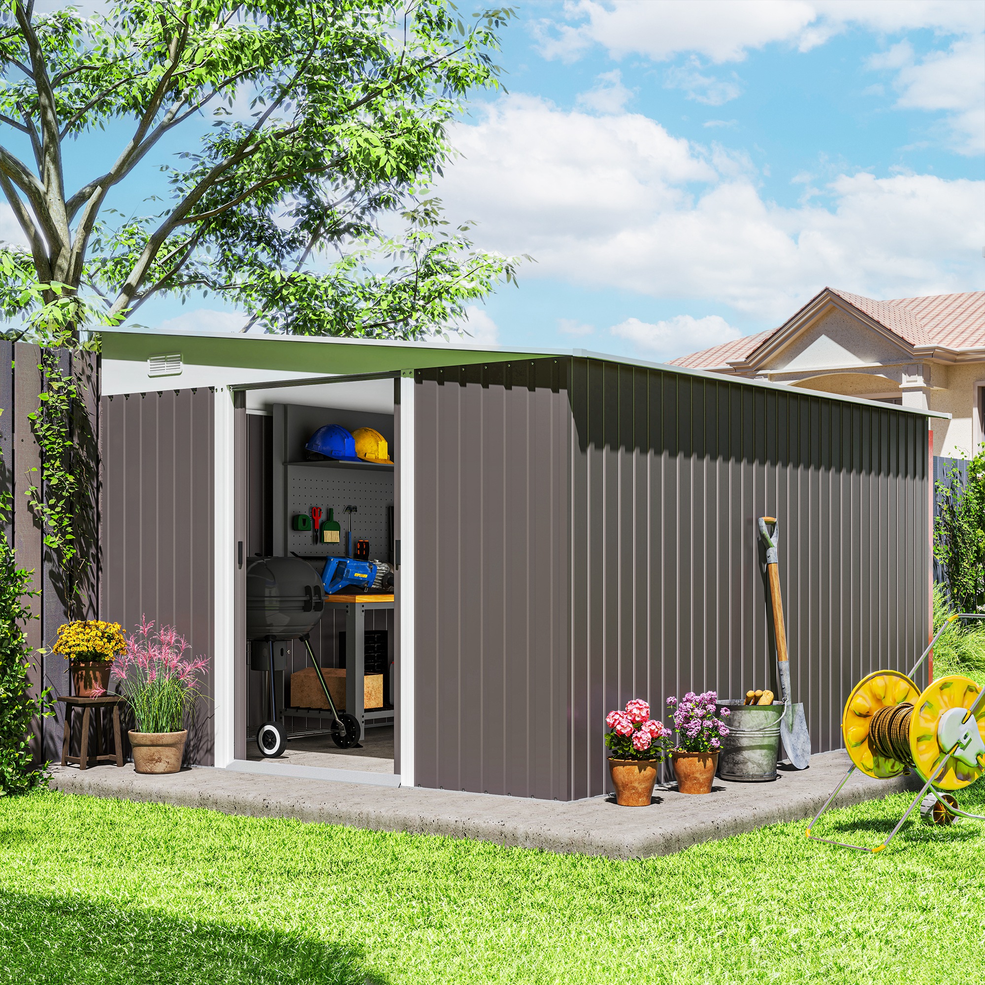 11 x 9 ft Metal Garden Storage Shed Sloped roof Tool House with Double Sliding Doors and 2 Air Vents, Grey