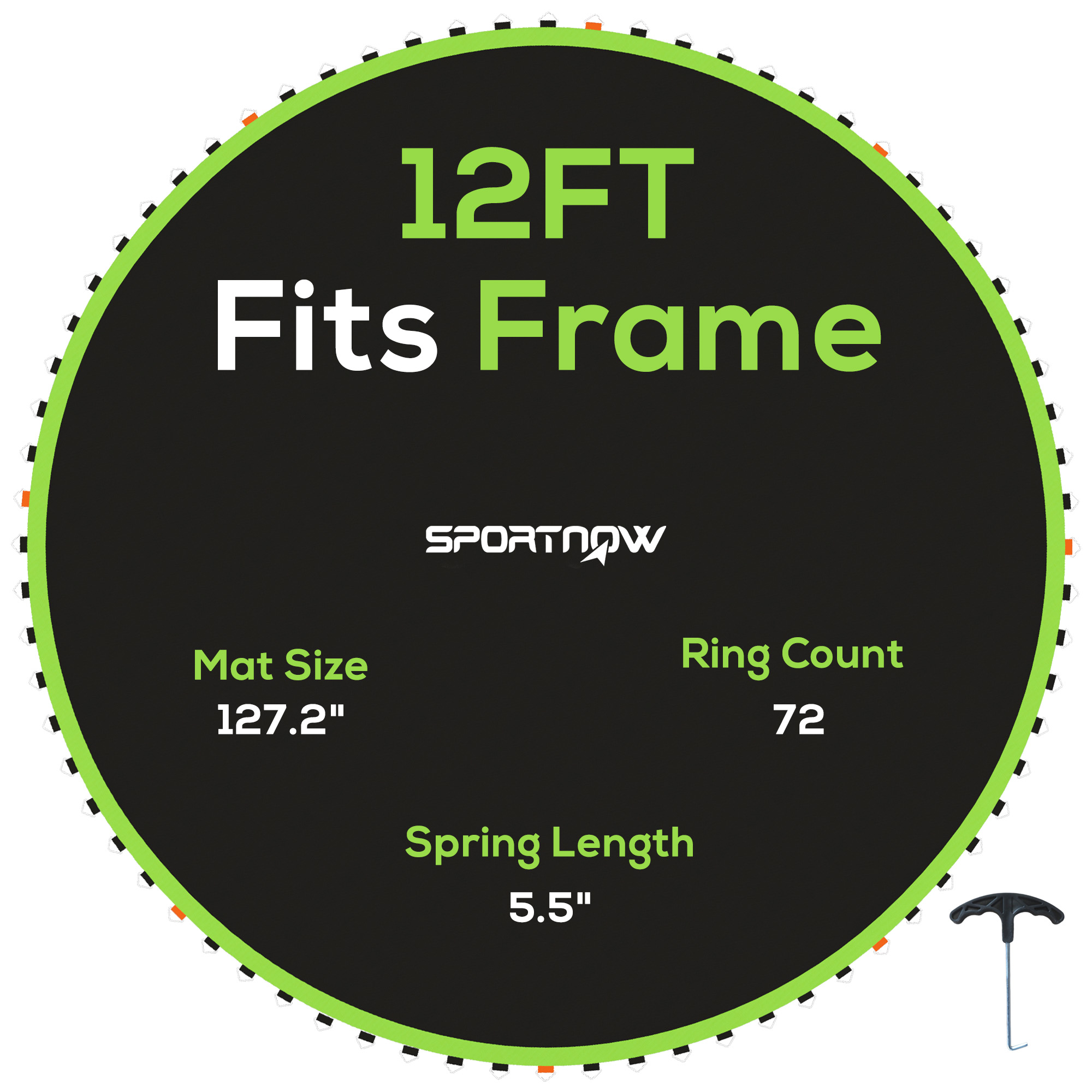 SPORTEDGE Replacement Trampoline Mat with Spring Pull Tool, 72 V-Hooks, for 12ft Trampoline using 14cm Springs, Green