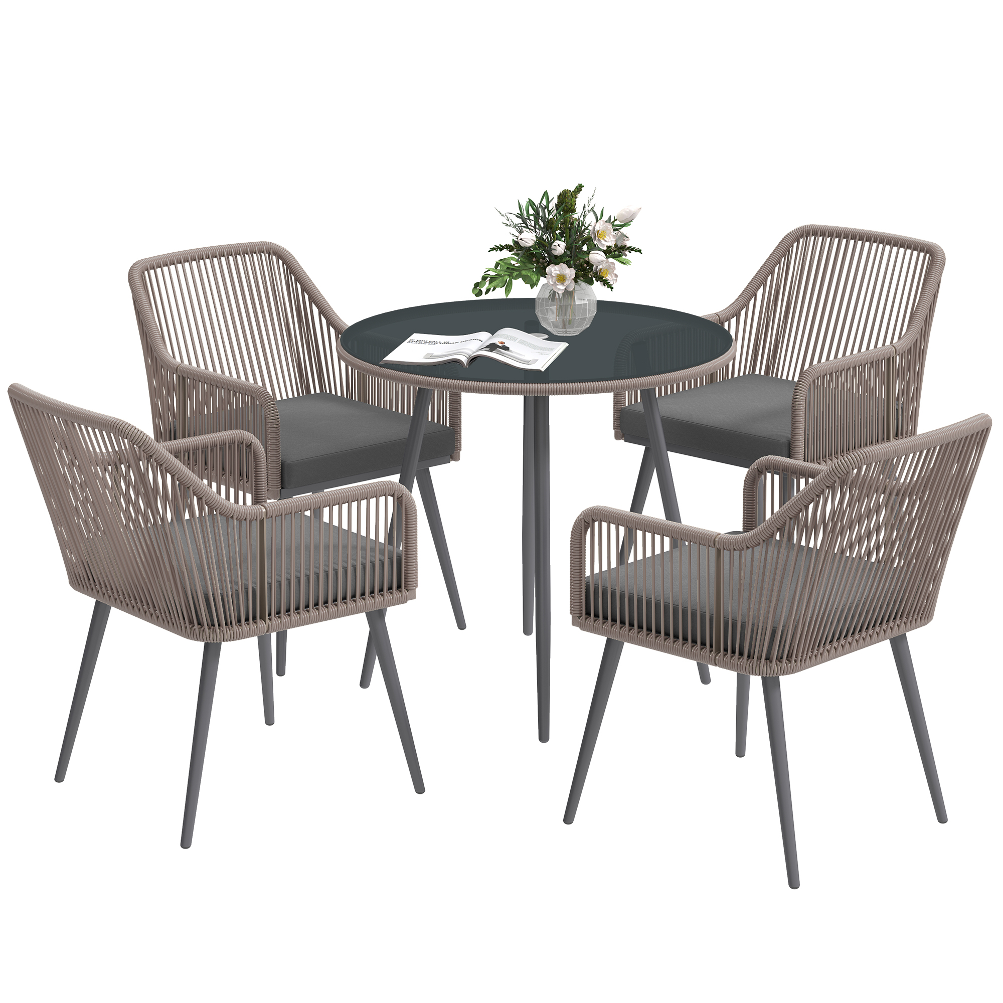 SUNVISTA 4 Seater Rattan Dining Set, Rattan Garden Furniture Set with Parasol Hole, Outdoor Dining Table and Chairs Set with Cushions, Light Brown