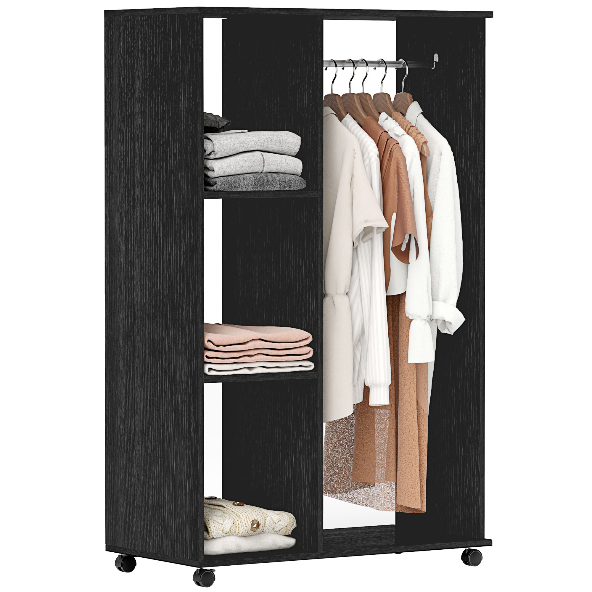 Open Wardrobe with Hanging Rail and Storage Shelves with Wheels - Black