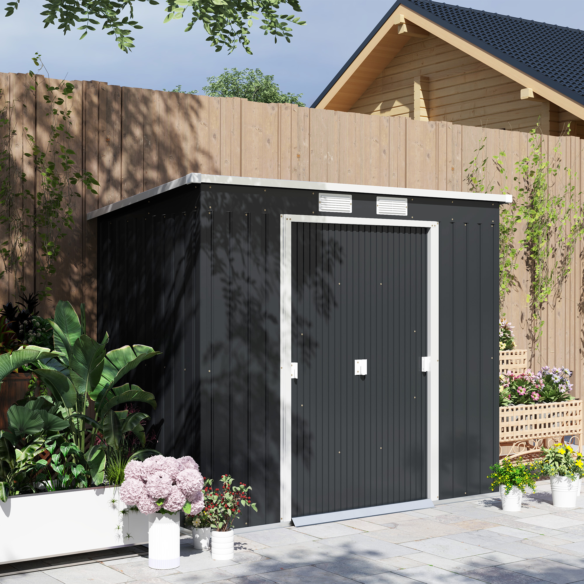 SUNVISTA 7 x 4ft Galvanised Steel Garden Shed, with Foundation Kit - Dark Grey