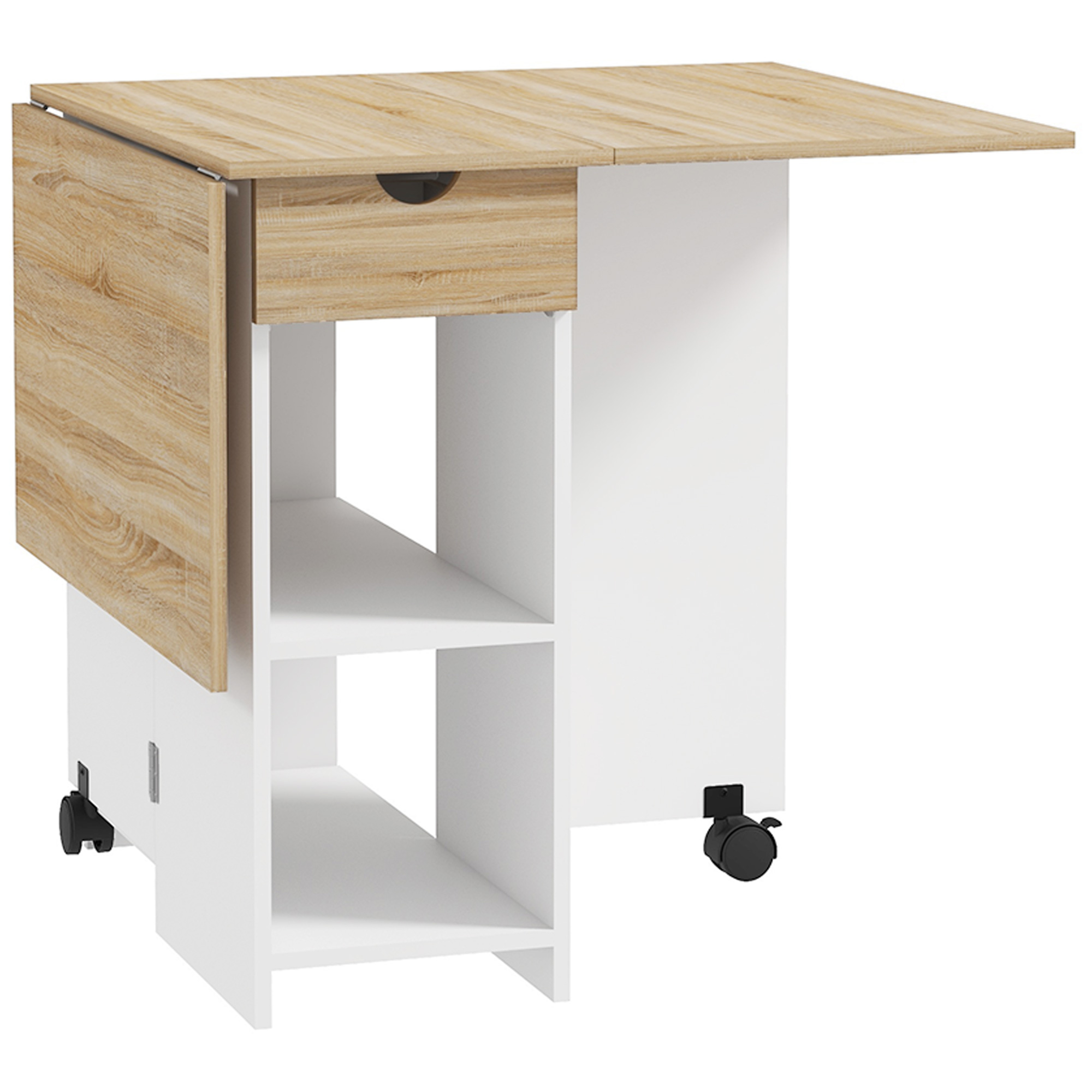 HERON Folding Dining Table, Drop Leaf Table for Small Spaces, Foldable Table with Drawer and Storage Shelves for Kitchen, Dining Room, Oak