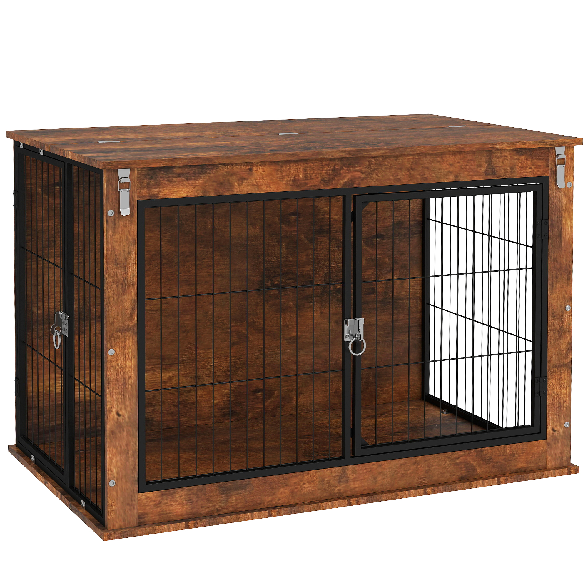 PAWSTER Dog Crate Furniture with Flip-up Top, 2 Doors, for Large Dogs, 98 x 60 x 65.5cm, Rustic Brown