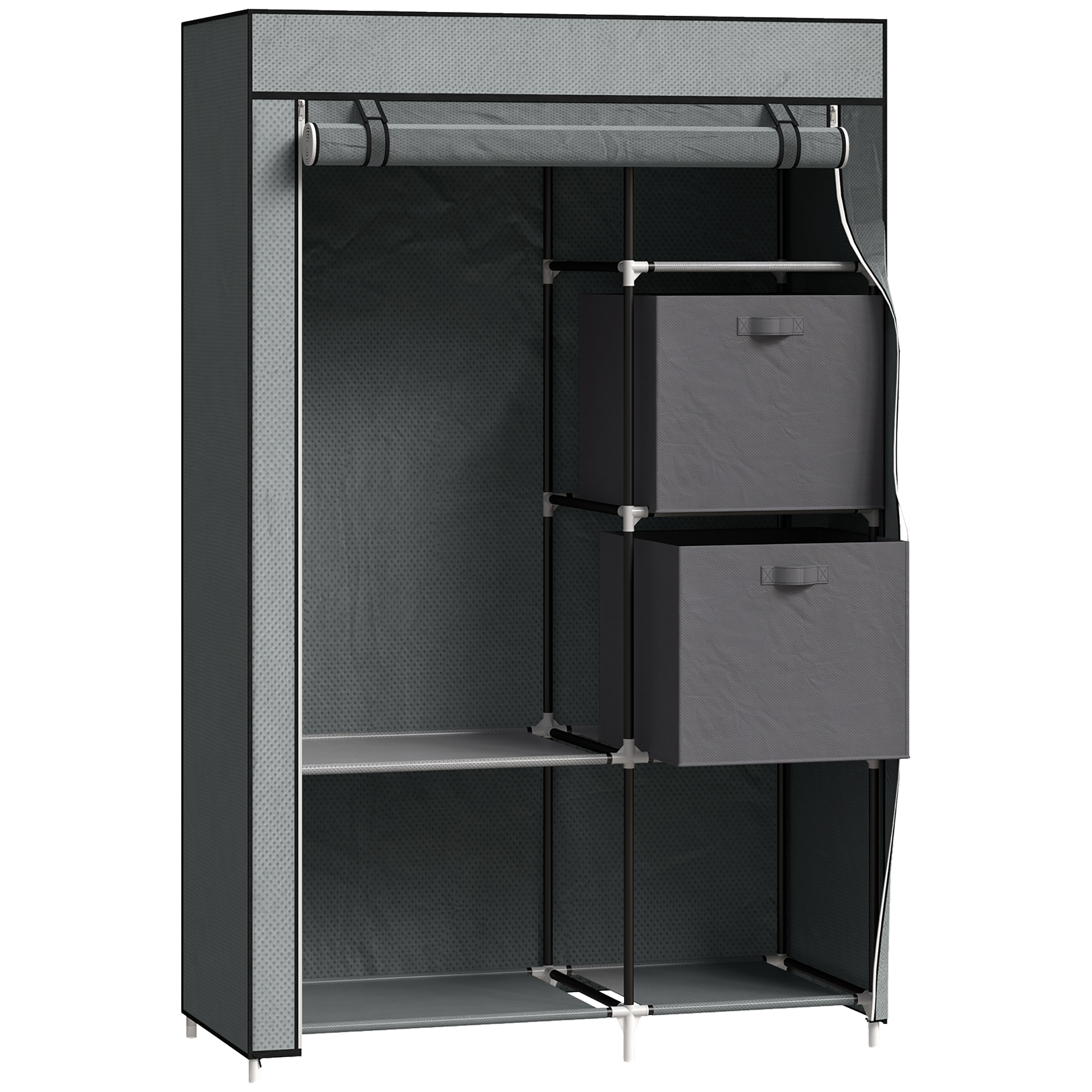 HERON Fabric Wardrobe, 5-Compartment Closet with Hanging Rail, 2 Drawers, Portable Storage, Dark Grey