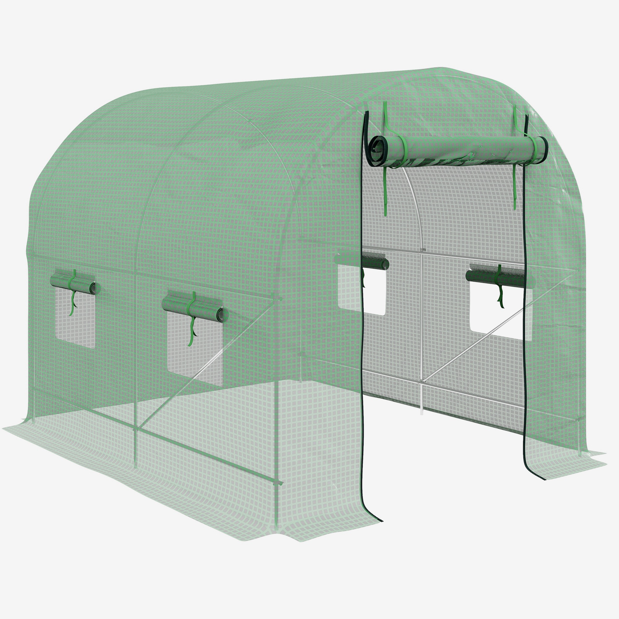2.5 x 2m Walk-In Polytunnel Greenhouse, with Steel Frame, PE Cover, Roll-Up Door and 4 Windows, Green