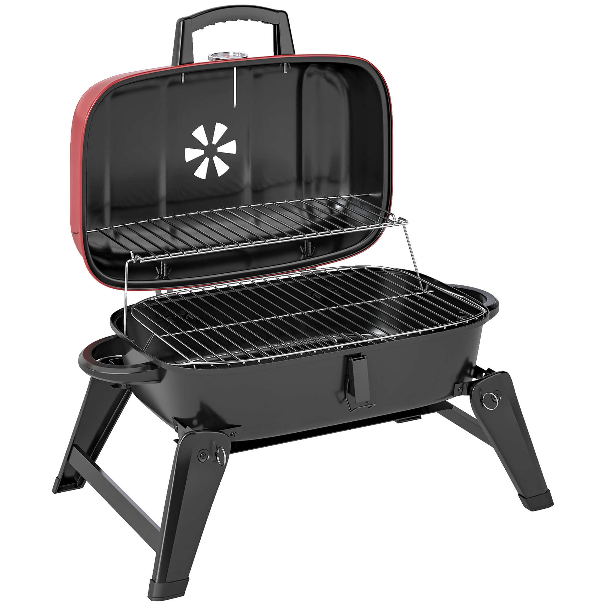 SUNVISTA Charcoal Barbecue Grill Folding BBQ Grill with 1232 cm2 Cooking Area, Adjustable Vent, Thermometer, Handles for Camping Picnic, Red