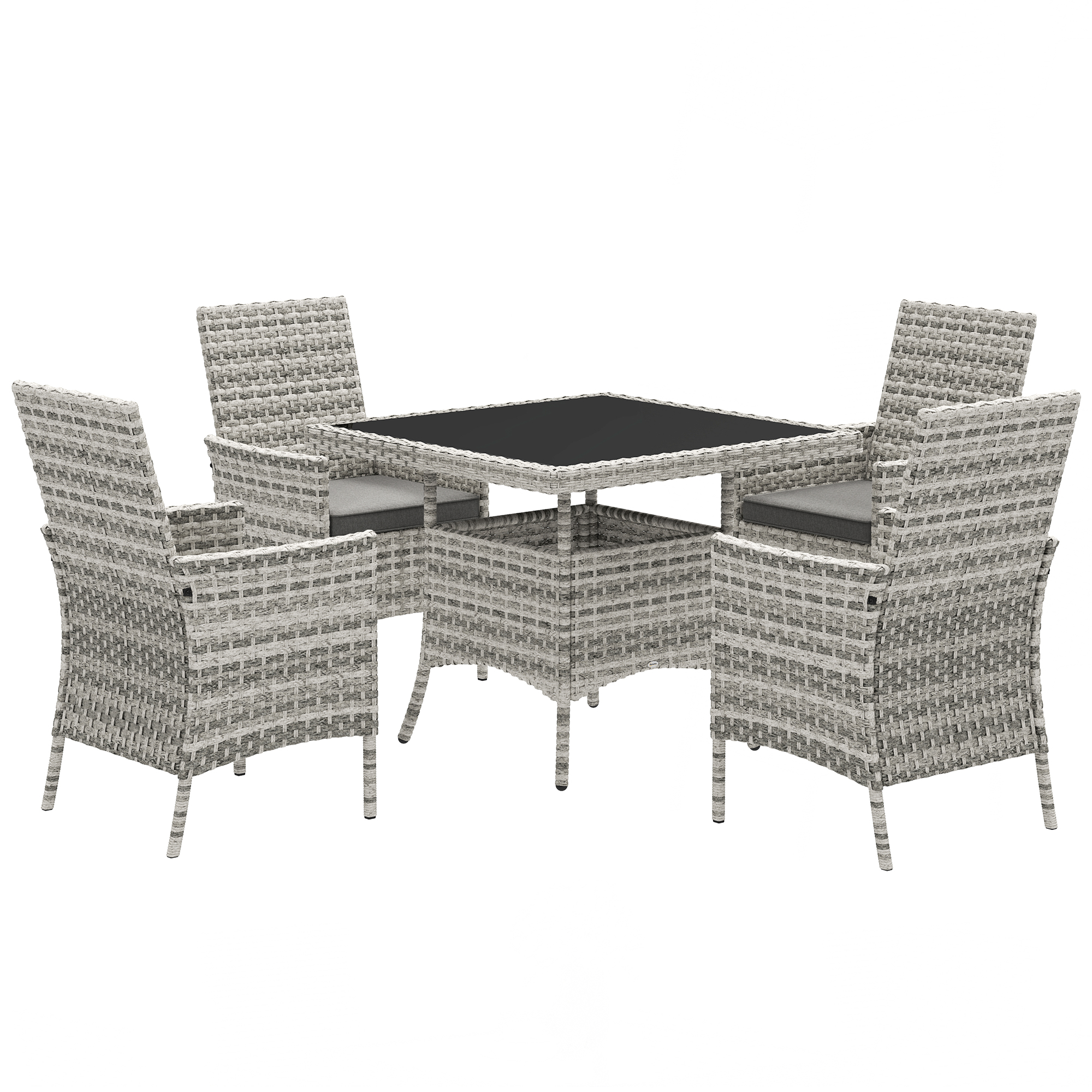 SUNVISTA 4-Seater Rattan Garden Furniture Set, Square Glass Top Dining Table with Cushions & Armchairs, Mixed Grey
