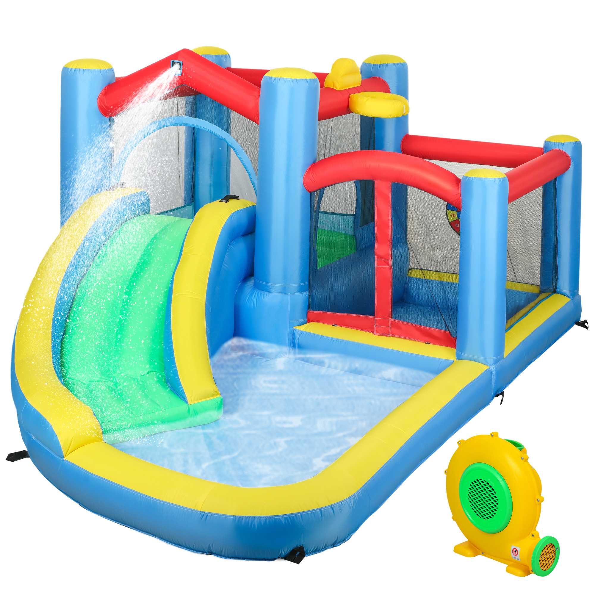 AIVAGO Inflatable Bouncy Castle with 550W Blower, Basketball Hoop, Long Slide, Dart Board, Carrying Bag, 385 x 290 x 180 cm