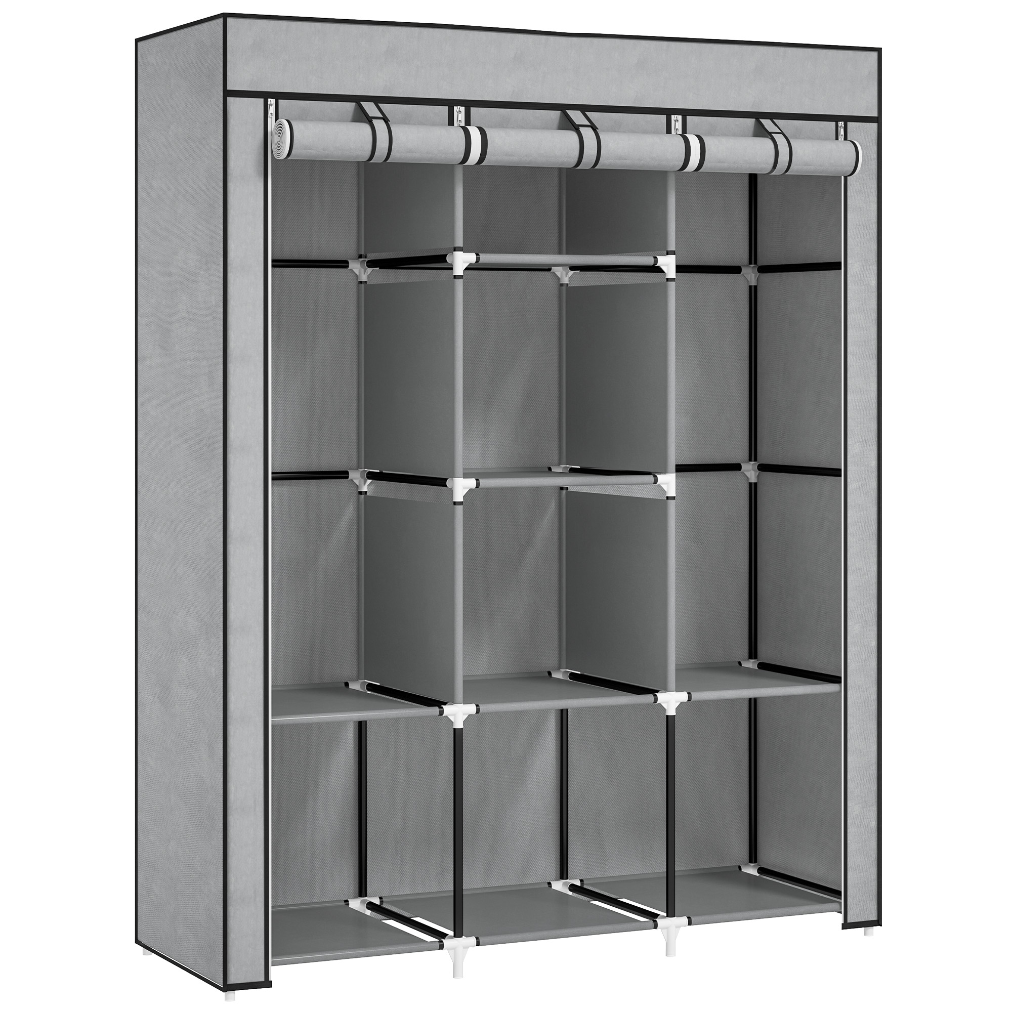 HERON Fabric Wardrobe, with Rails and Shelves - Light Grey