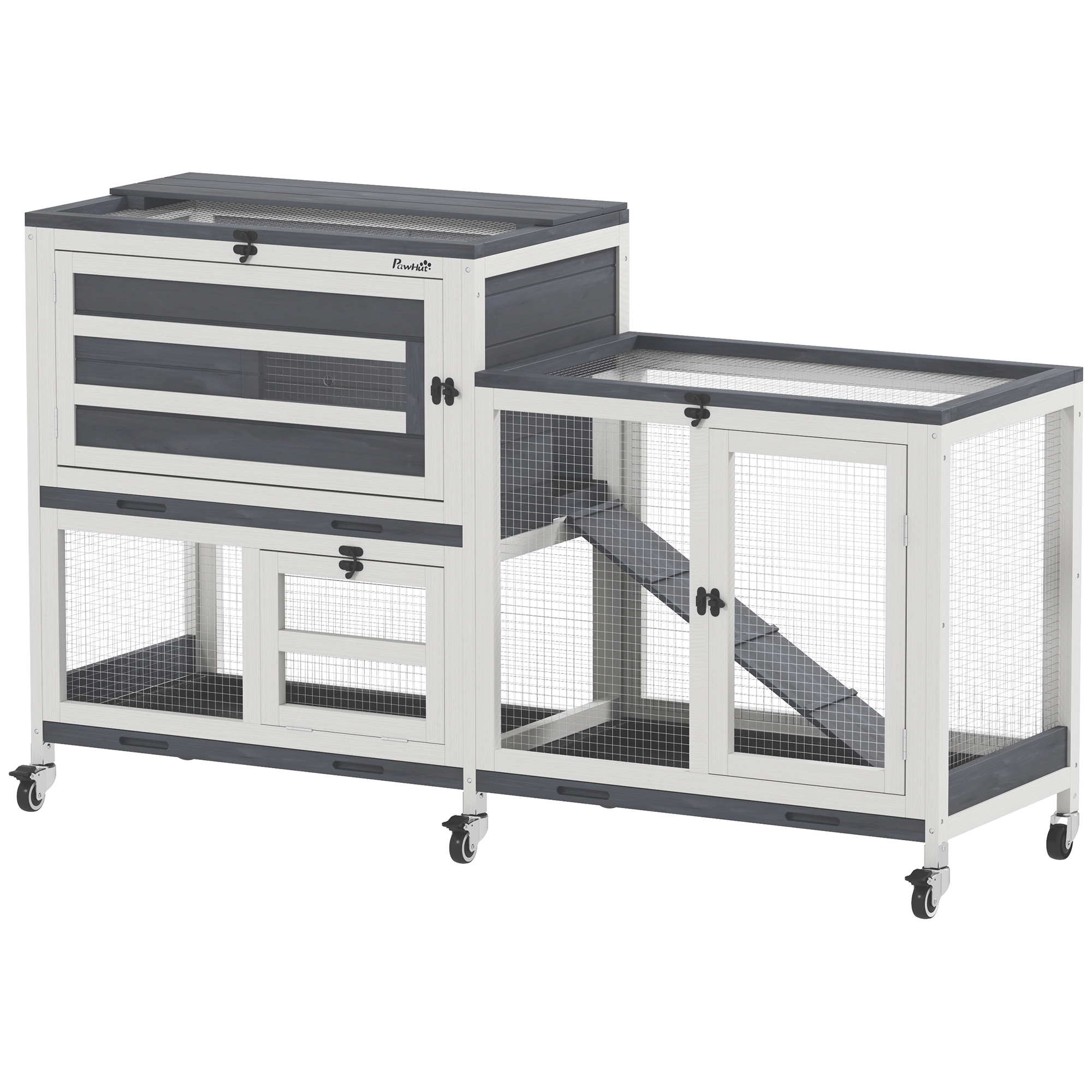 PAWSTER Wooden Rabbit Hutch with Run, 2-Tier Guinea Pig Hutch with Run, Wheels, 3 Plastic Trays, 2 Openable Top, for 2-3 Rabbits
