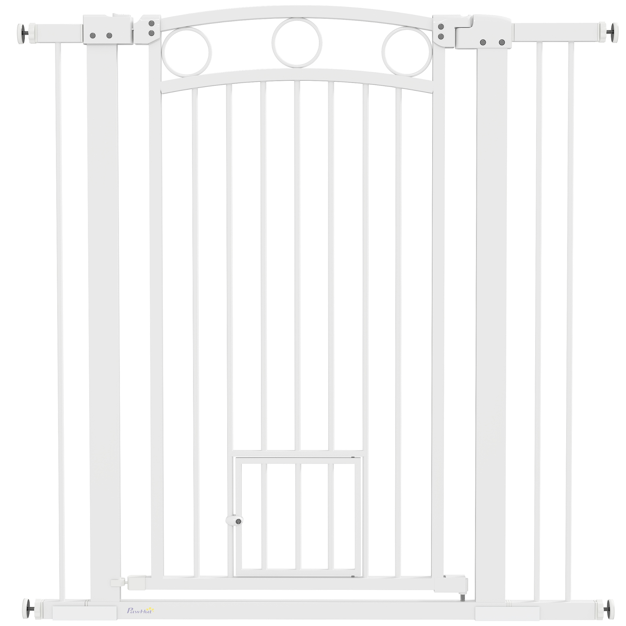 PAWSTER 106cm Tall Dog Gate with Cat Door, 7cm and 14cm Extensions, for Stairs, Doorways, 76-104cm Width