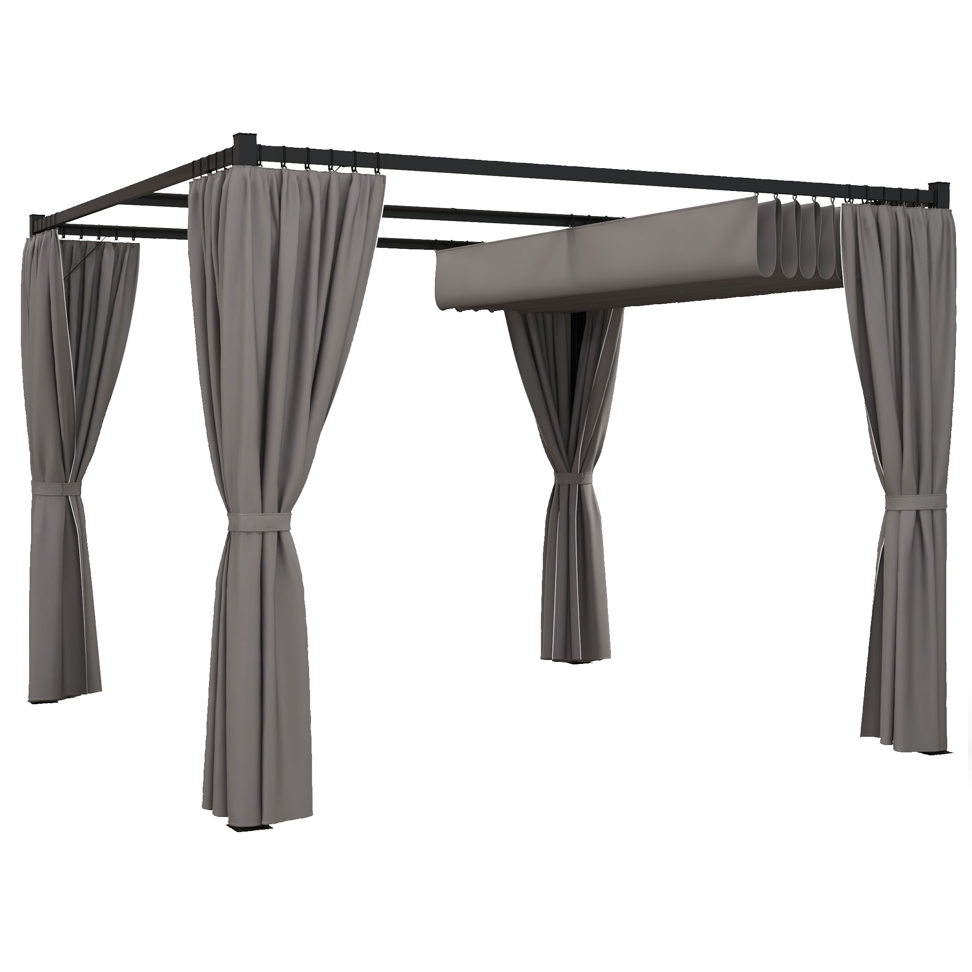 3 x 3(m) Retractable Pergola, Garden Gazebo Shelter with Curtains, for Grill, Patio, Deck, Light Grey