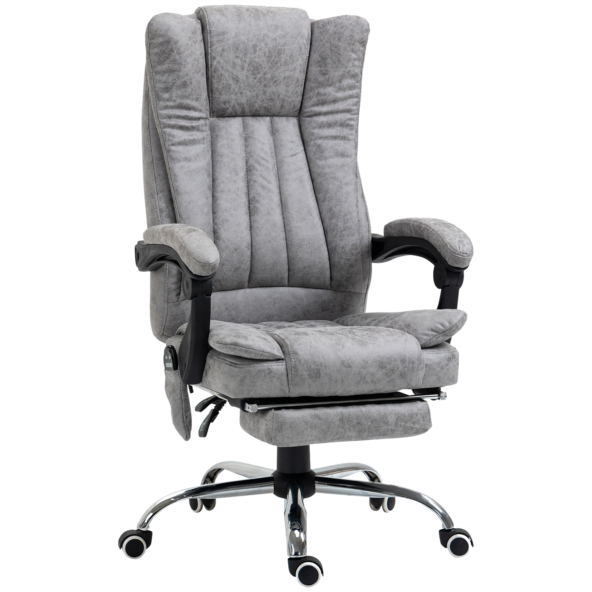 6-point Vibrating Heat Massage Chair Micro Fibre Upholstery w/ Manual Footrest Padding High Back Remote Wheels Swivel Chair Reclining Grey