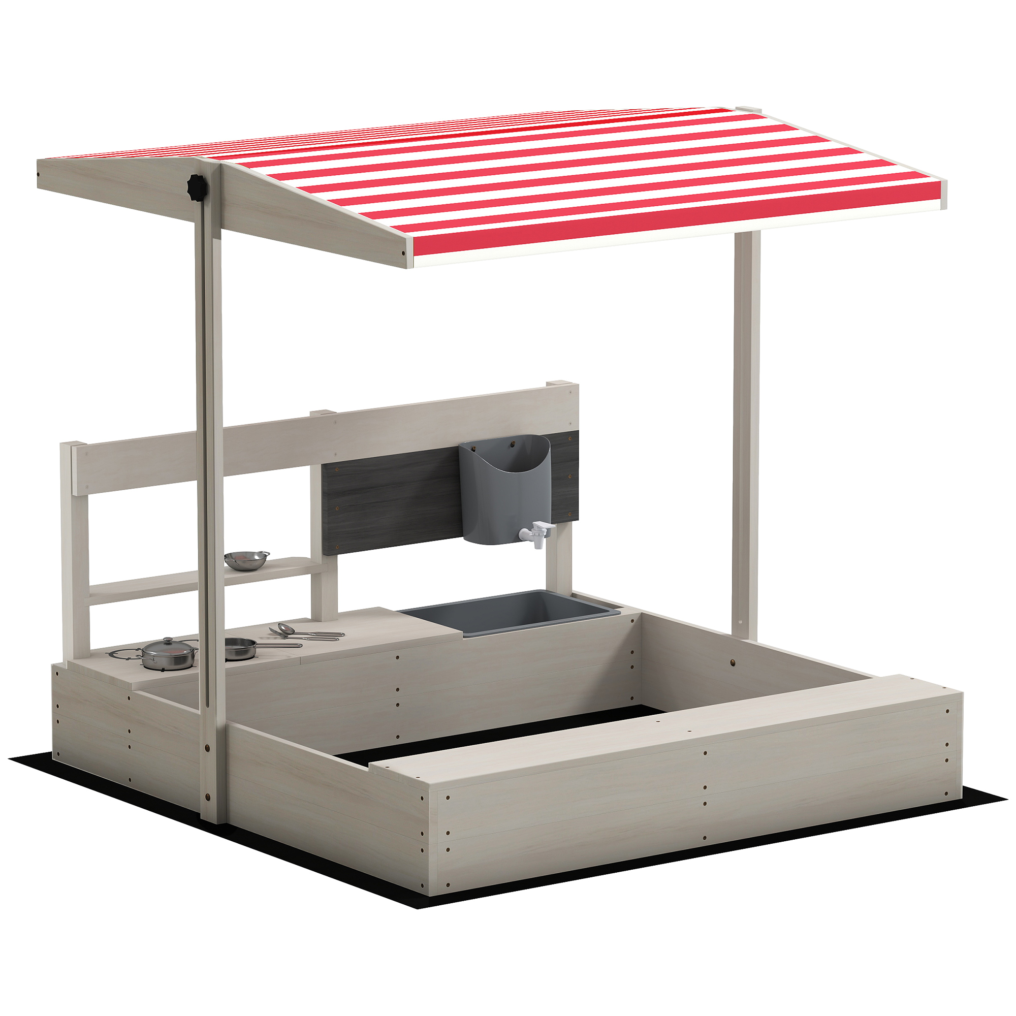 Kids Wooden Sandbox w/ Canopy, Kitchen Toys, Seat, Storage, for 3-7 Years Old Outdoor Play