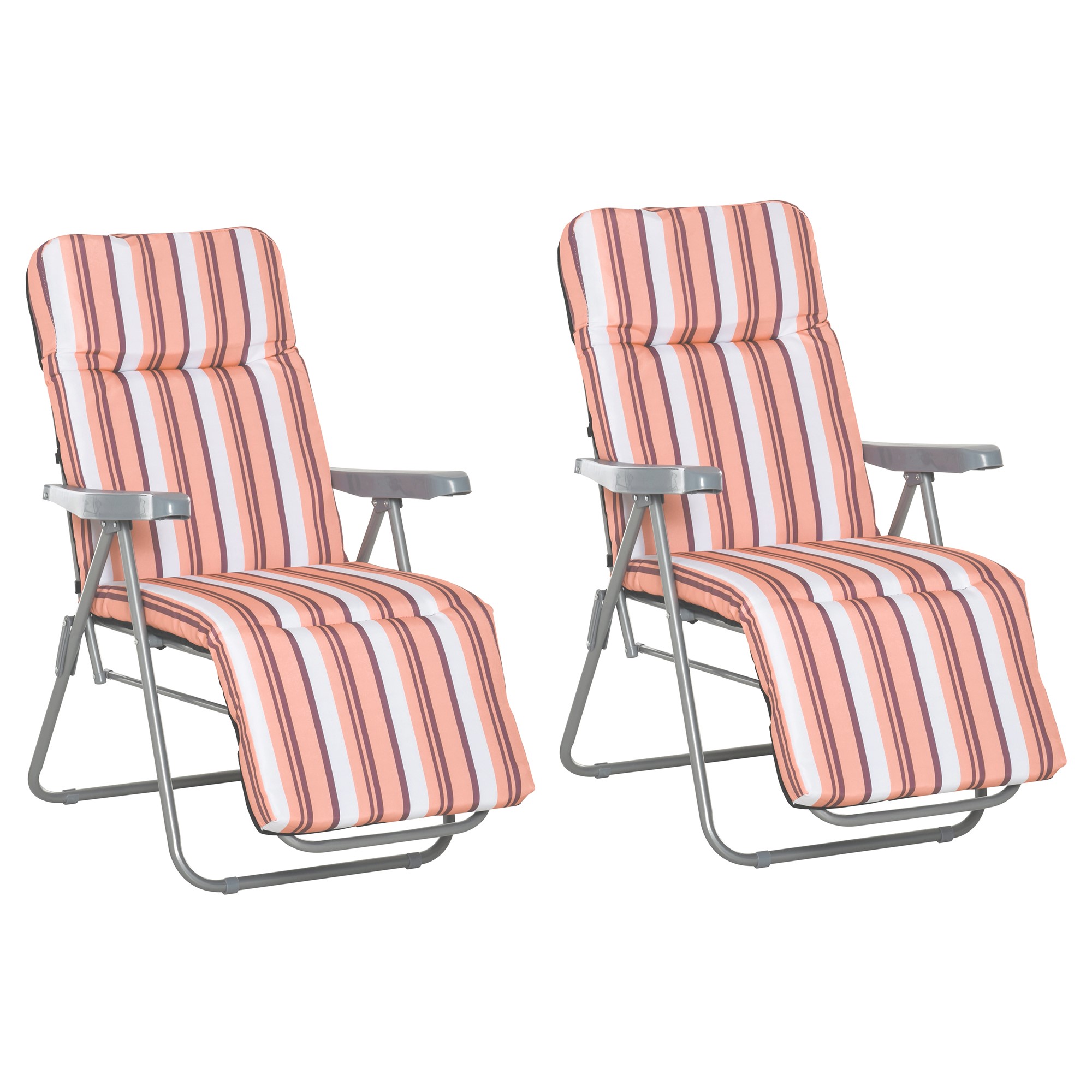 Set of 2 Garden Sun Lounger Outdoor Reclining Seat Cushioned Seat Foldable Adjustable Recliner Orange and White