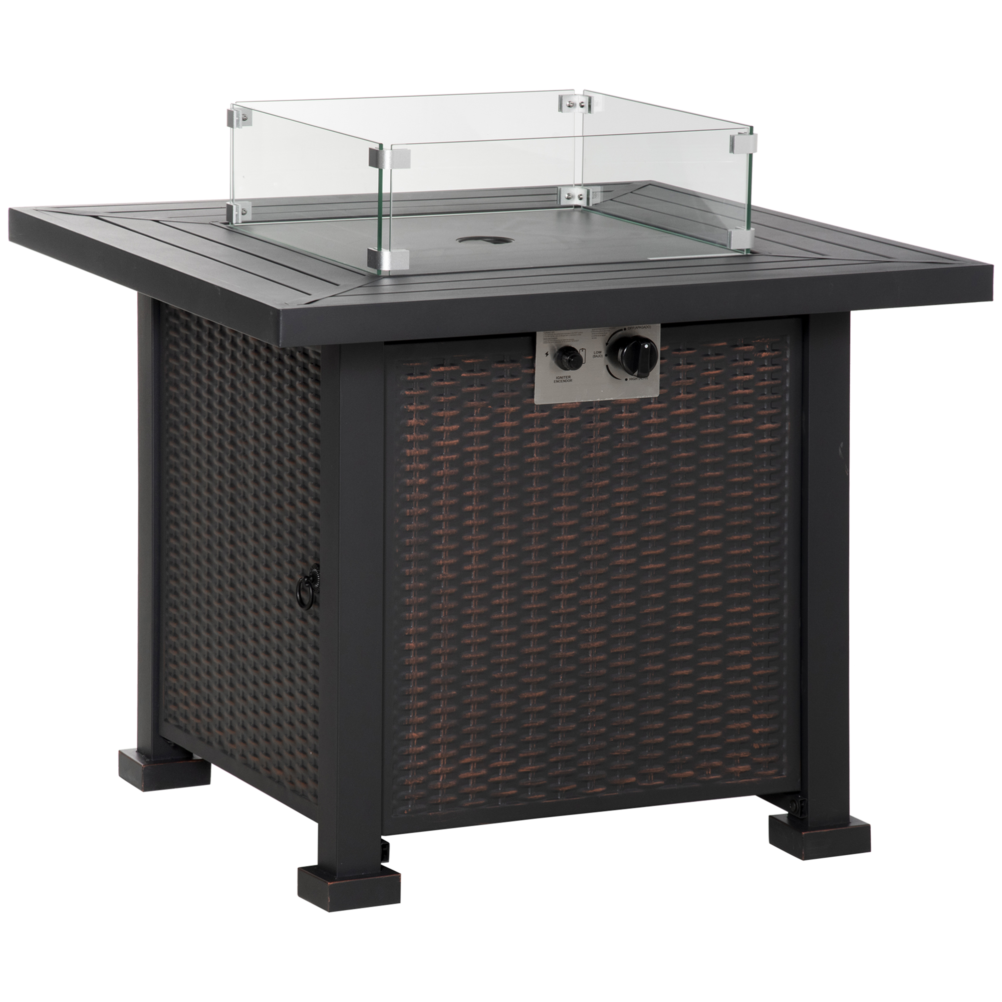 Square Propane Gas Fire Pit Table, 50000 BTU Rattan Smokeless Firepit Patio Heater w/ Glass Screen, Beads and Lid, 82cm x 82cm x 66cm, Black