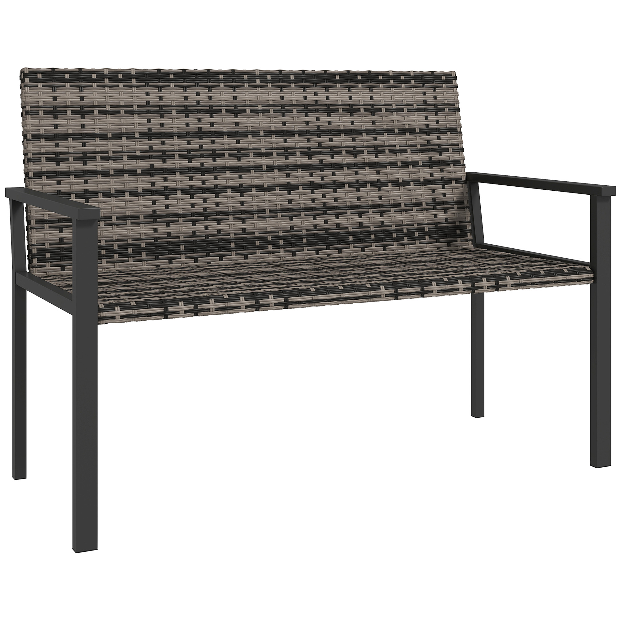 SUNVISTA 2-Seater Rattan Bench, Steel Frame, Quick-Dry Cotton Cushion, Outdoor Loveseat, Mixed Grey