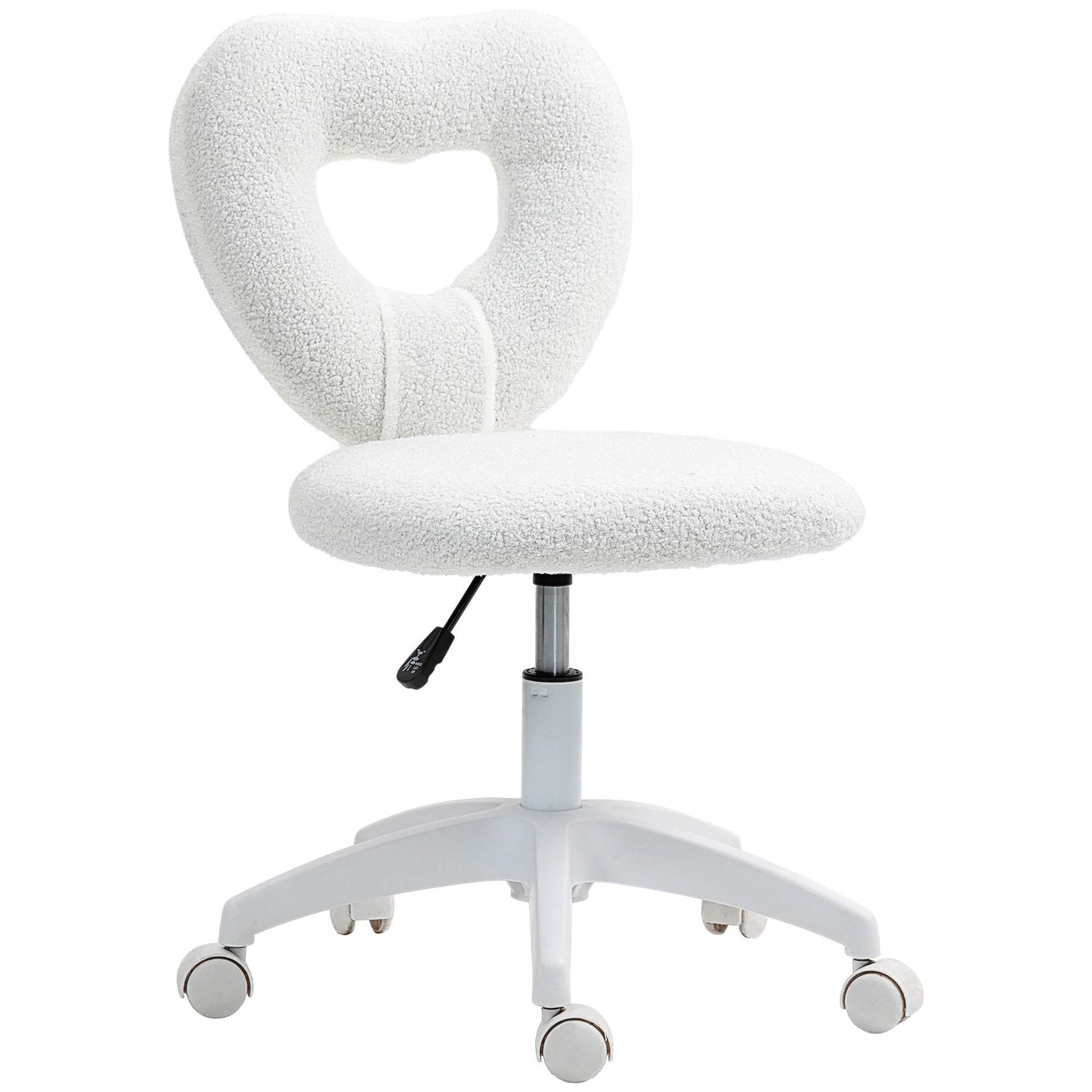 HERON White Heart Armless Desk Chair, Teddy Fleece Swivel Makeup Vanity Chair with Wheels & Height Adjust