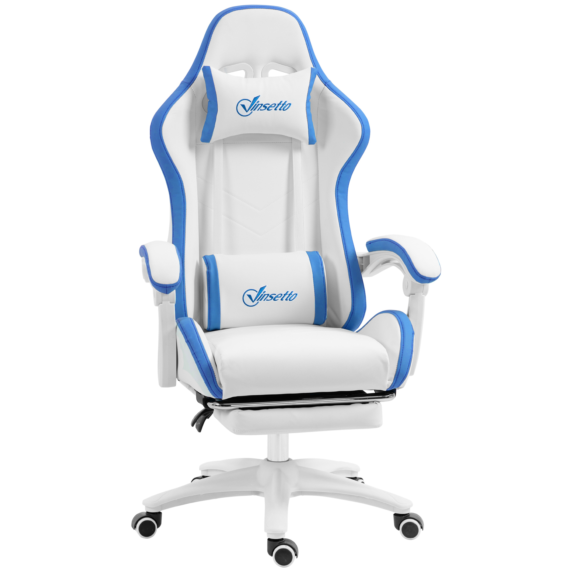 Preston PU Leather Racing Gaming Chair with Footrest Removable Headrest and Lumber Support - White and Blue