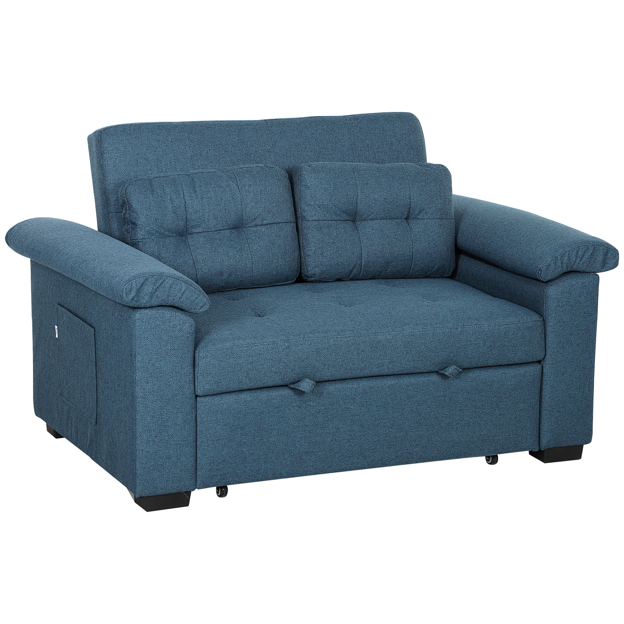 HERON Pull Out Sofa Bed, 2-Seater Fabric Click Clack Couch with Pillows & Storage Pockets, Blue