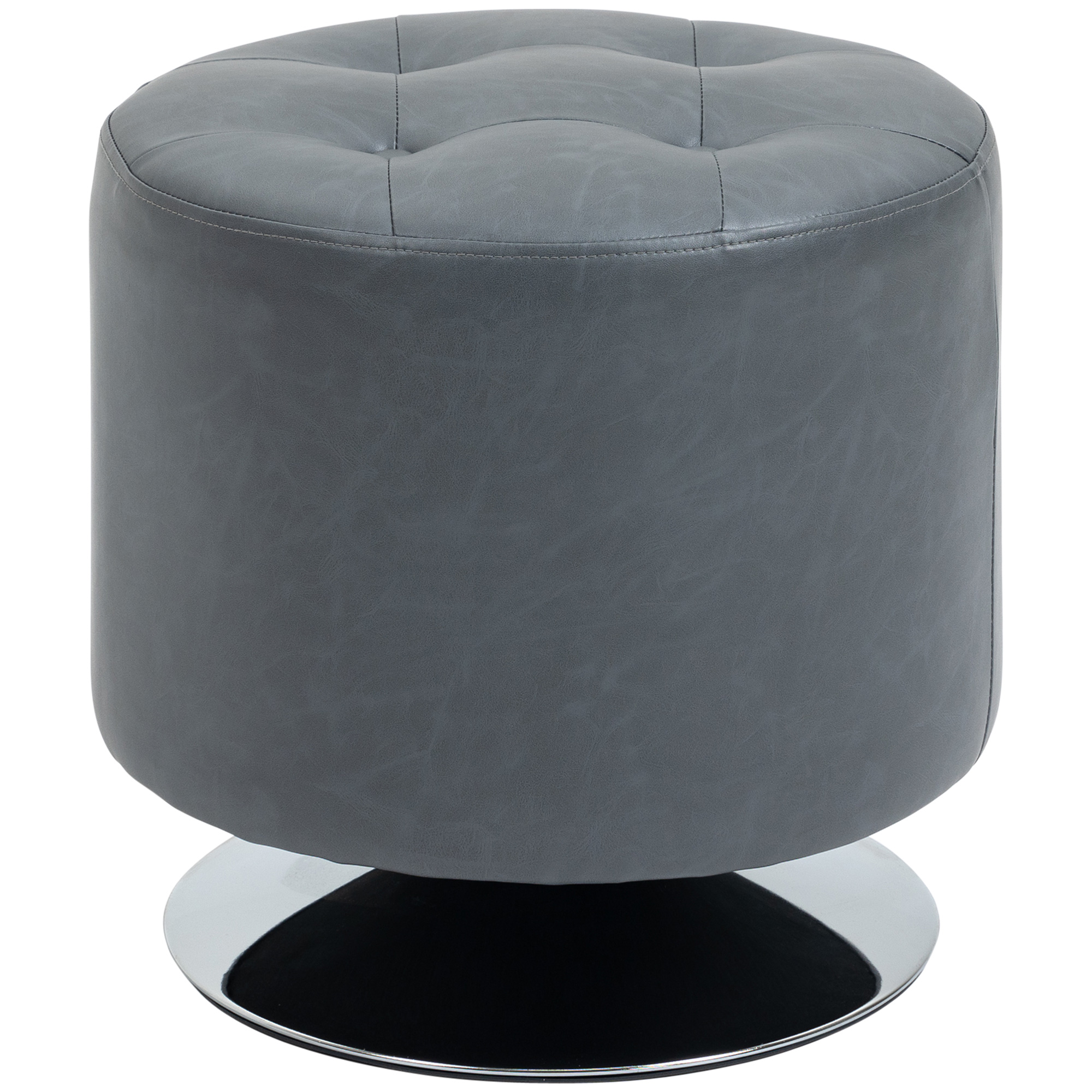 360deg Swivel Foot Stool Round PU Ottoman with Thick Sponge Padding and Solid Steel Base, Grey