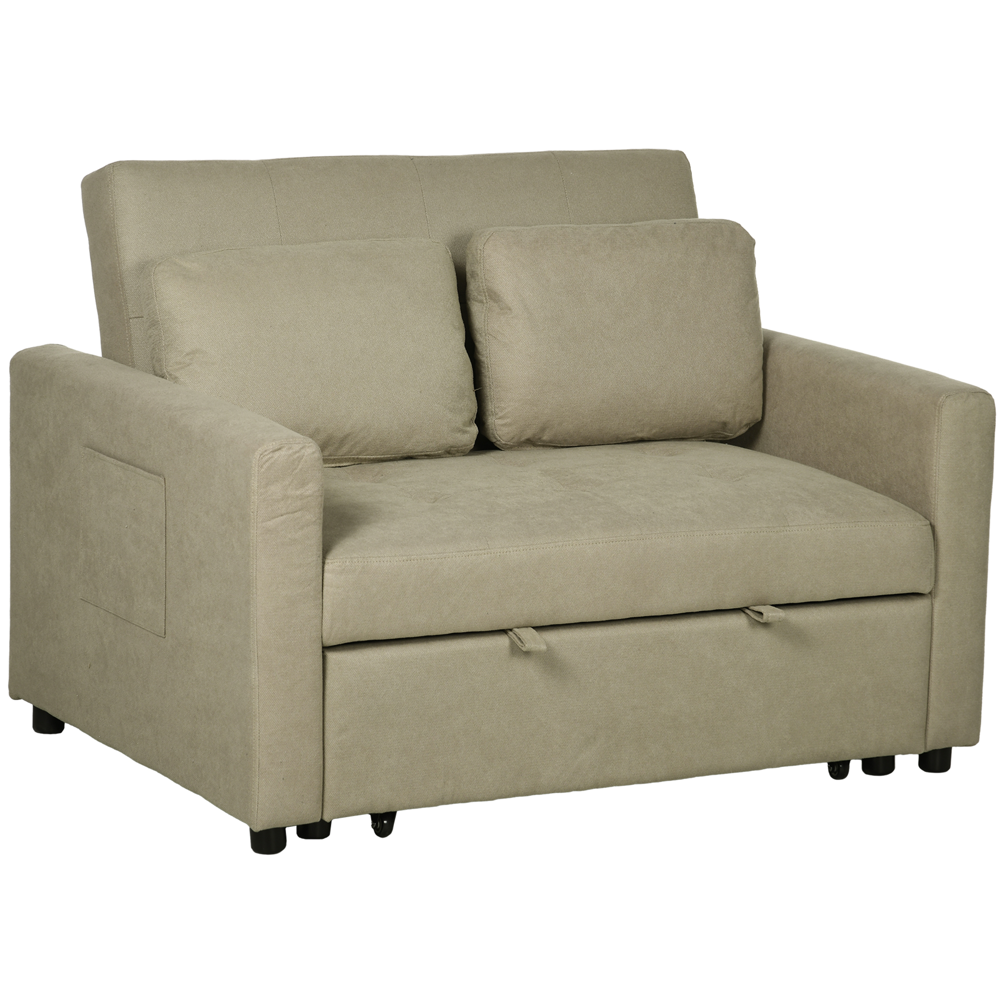 Loveseat Sofa Bed, Convertible Bed Settee with 2 Cushions, Side Pockets for Living Room, Light Brown