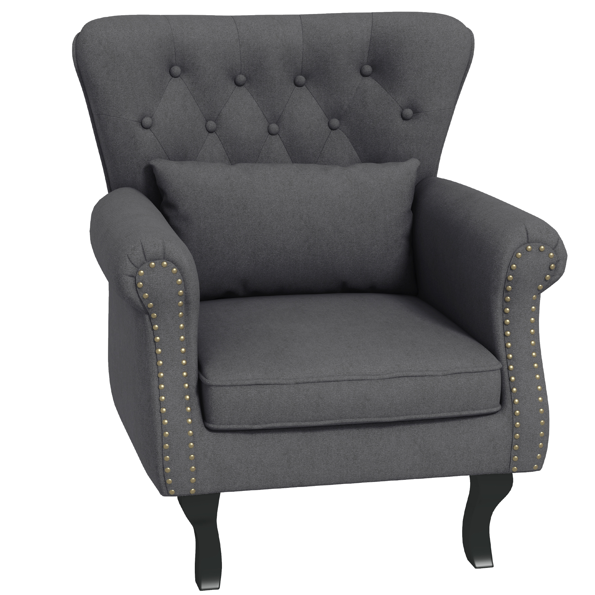 Chesterfield-style Accent Chair, Tufted Wingback Armchair with Pillow, Naihead Trim for Living Room, Bedroom, Dark Grey