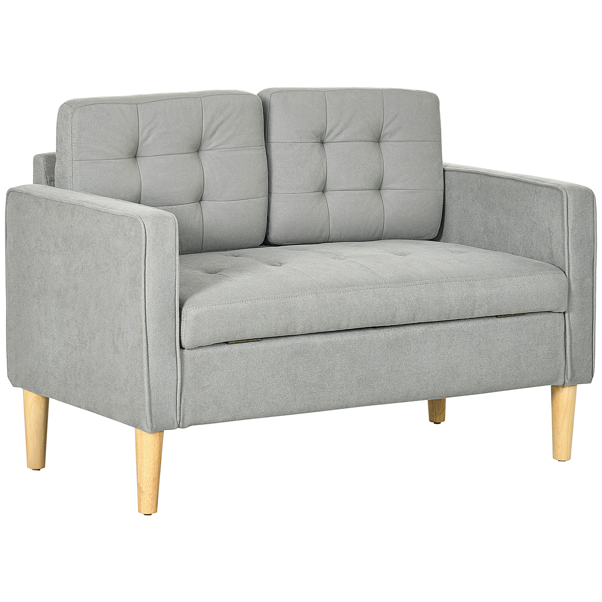 Modern 2 Seater Sofa with Hidden Storage, 117cm Tufted Cotton Couch, Compact Loveseat Sofa with Wood Legs, Light Grey