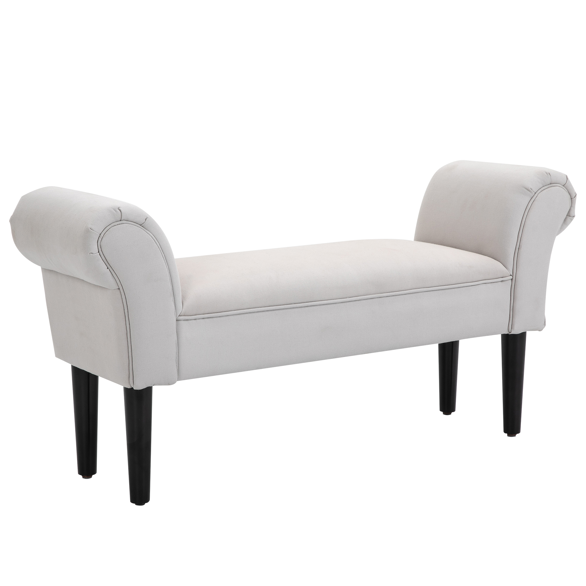 Small Linen Upholstered Ottoman Bench Rolled Arm End Chair, Wood Legs, Grey
