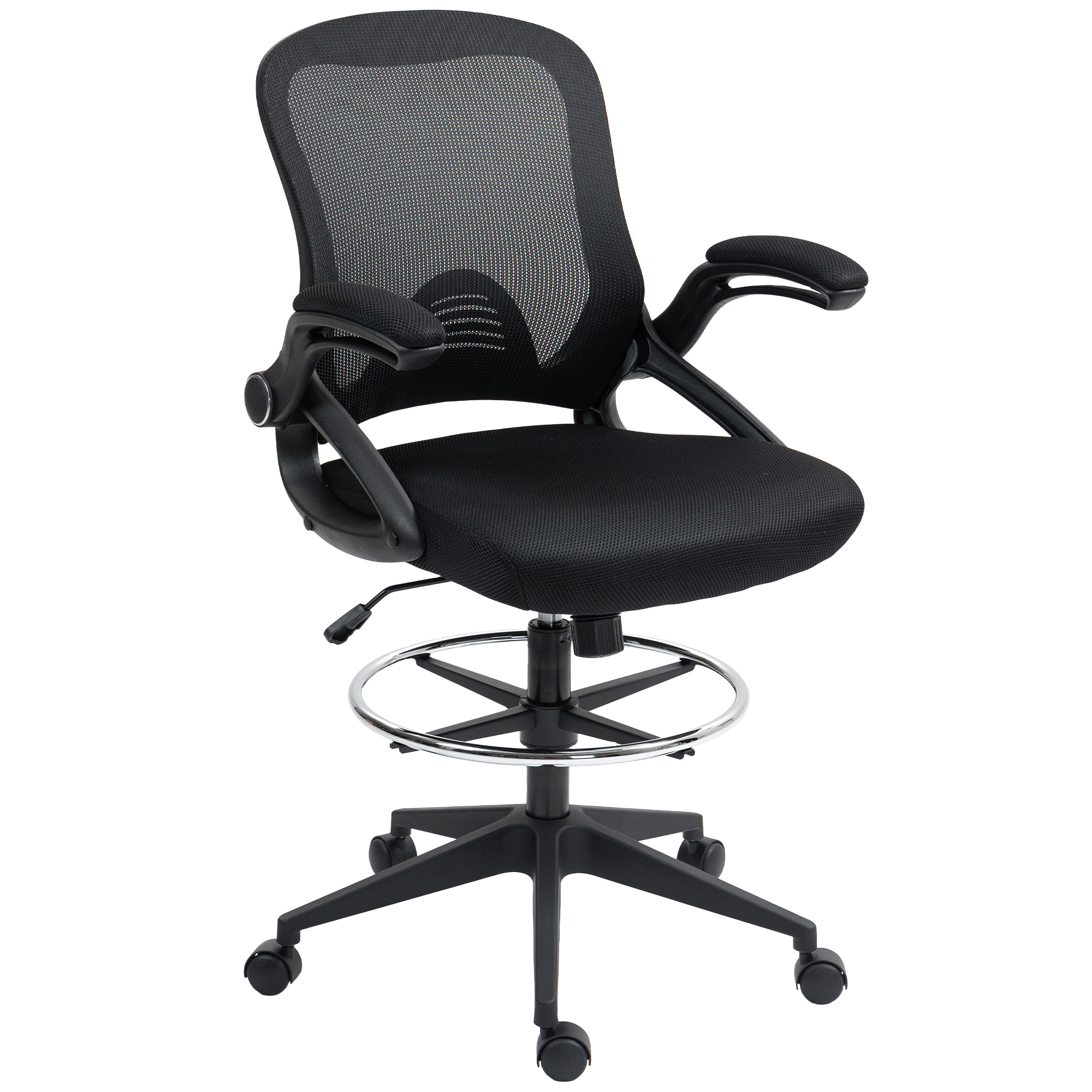 VONSETTA Drafting Chair with Flip-up Armrest, Mesh Office Stool with Foot Ring, 360degree Swivel Height Adjustable Chair for Standing Desk, Black