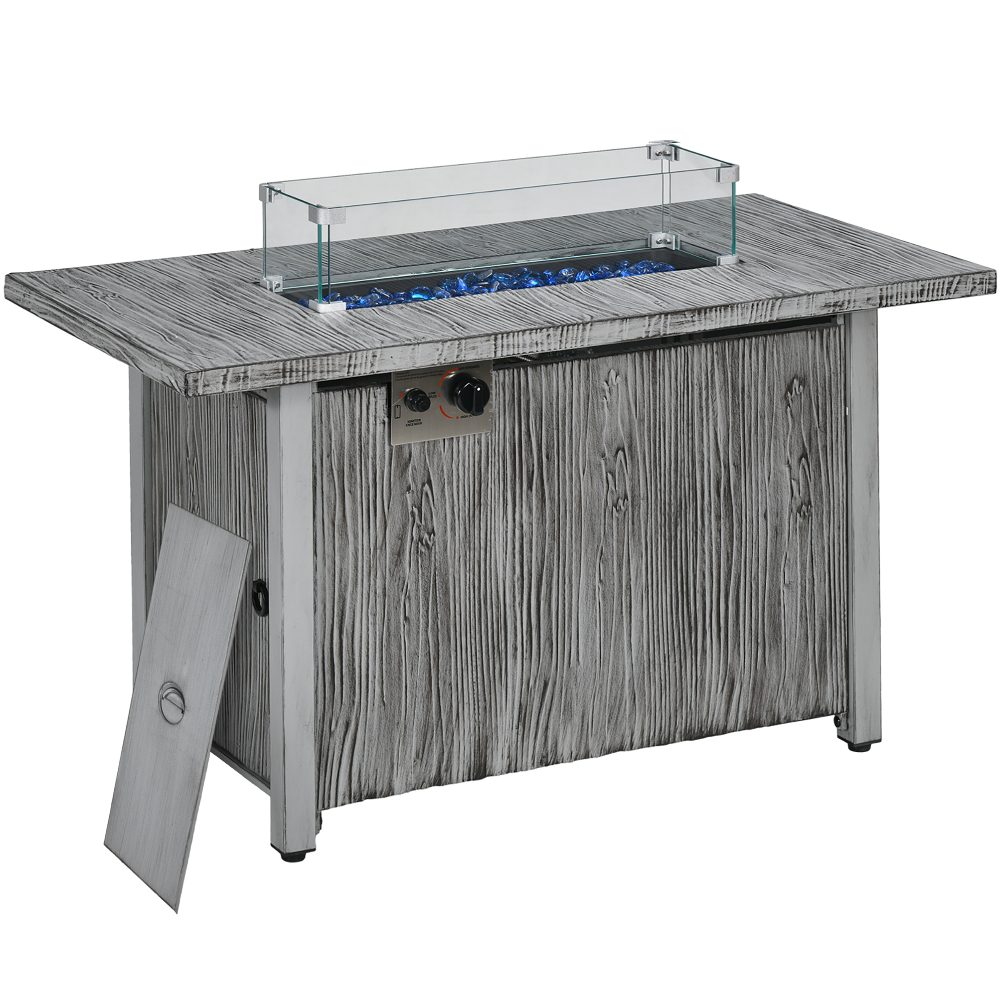 50,000 BTU Gas Fire Pit Table with Cover, Glass Screen and Glass Beads, Grey