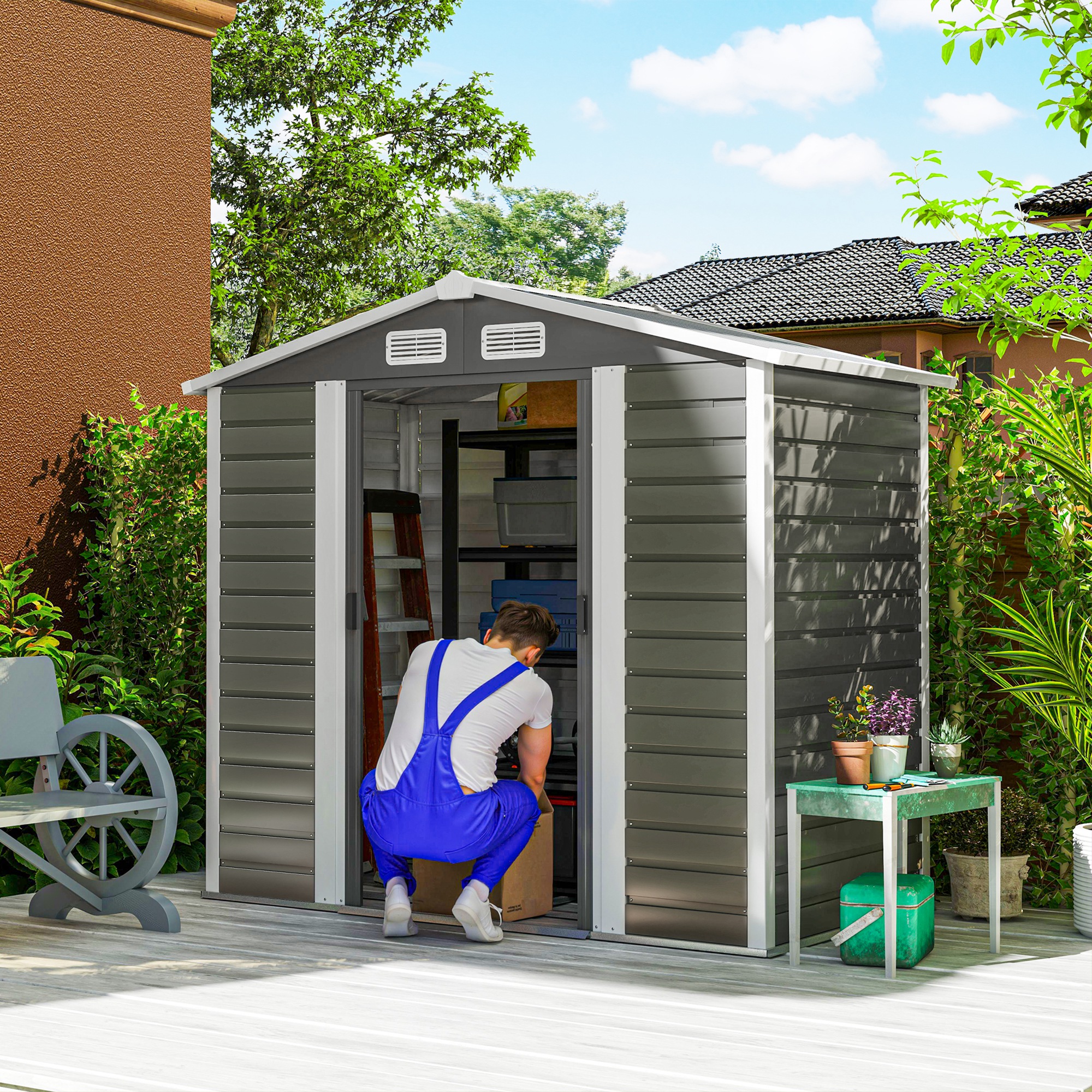 SUNVISTA 7x4ft Garden Shed with Lockable Double Doors, Galvanised Steel Frame, Vents & Gloves, Outdoor Storage, Dark Grey
