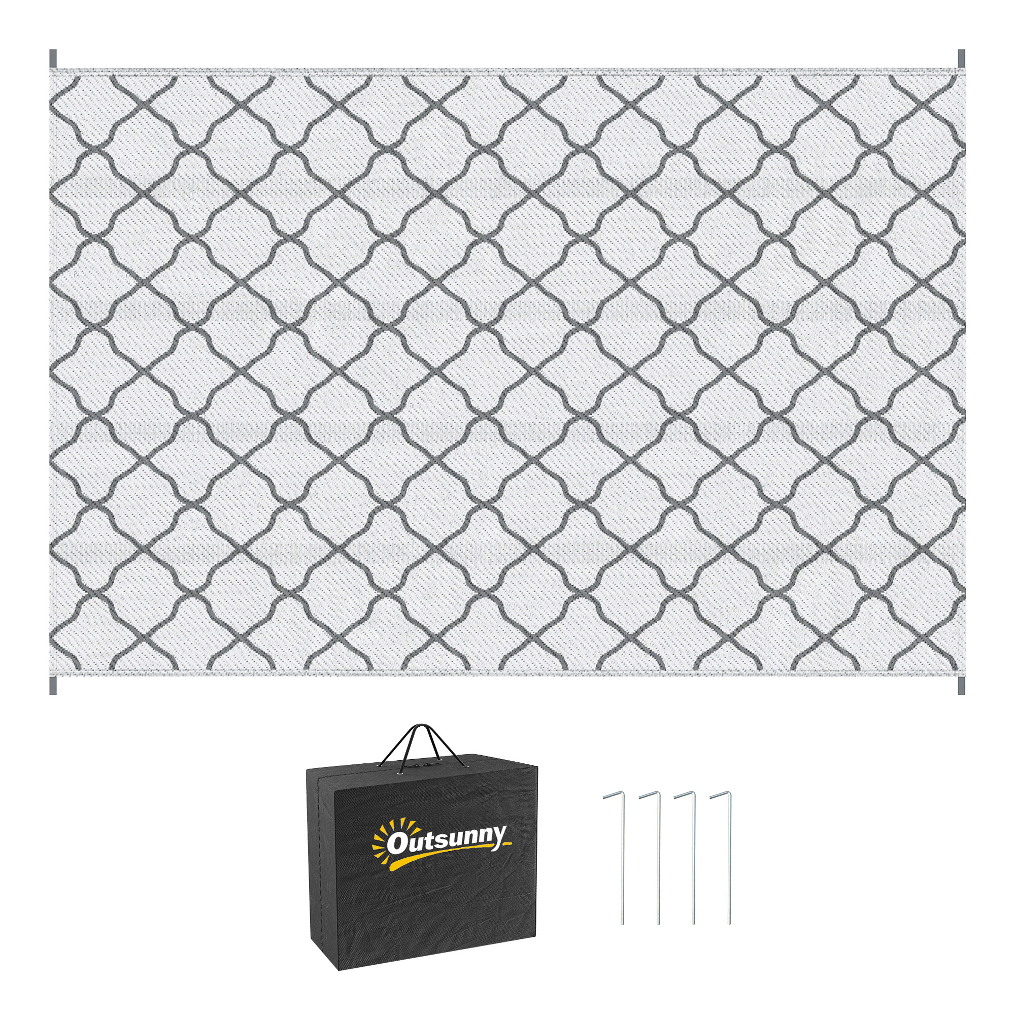 Reversible Outdoor Rug with Carry Bag and Ground Stakes, Waterproof Plastic Straw Mat for Backyard, Deck, RV, Picnic, Camping Grey & White