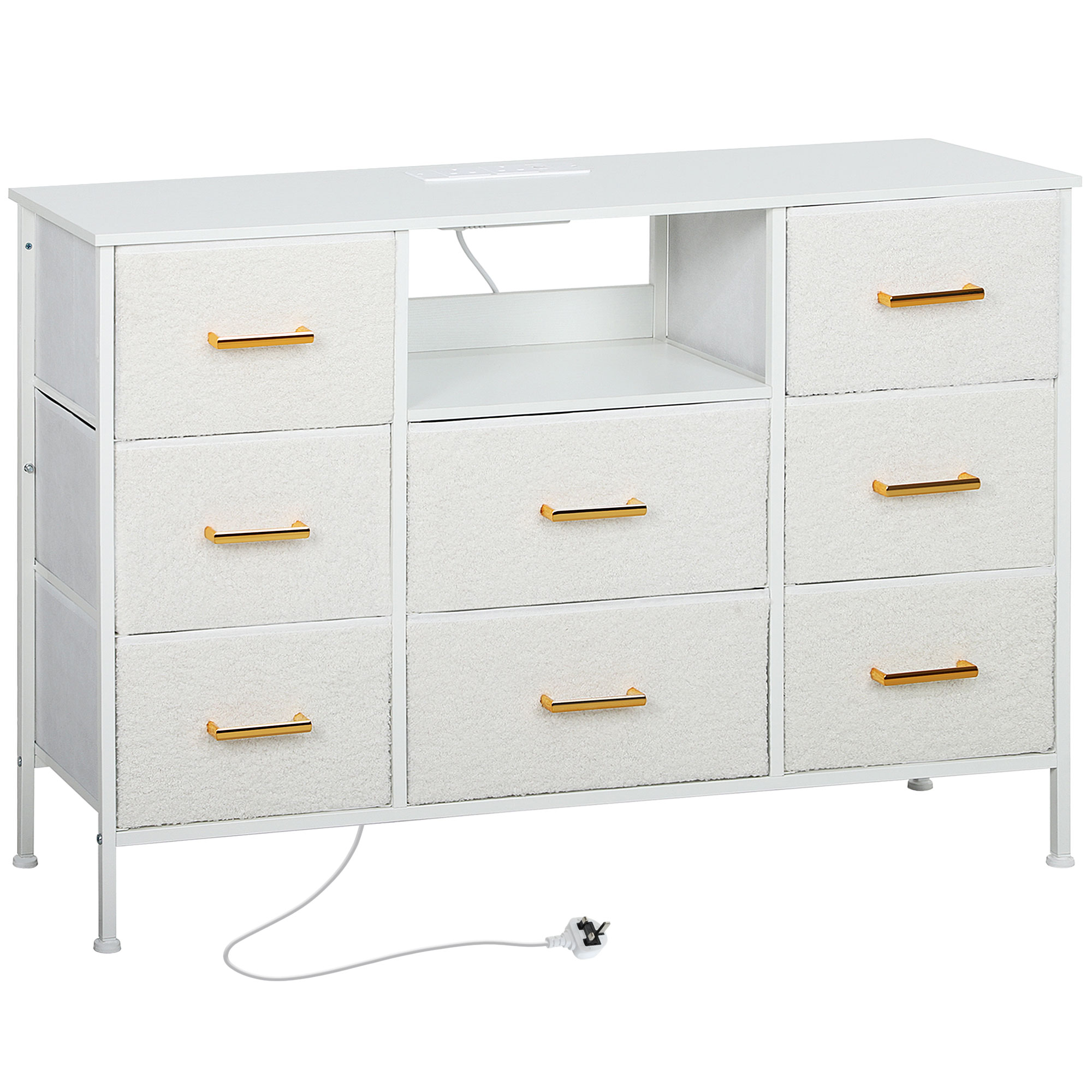 YENZA White Chest of Drawers - Large-sized, 8 Drawers, Double, Gold Handles, Fabric Drawers
